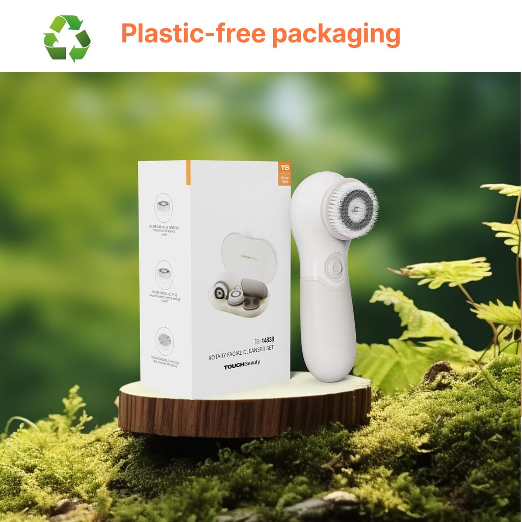 Electric facial cleansing brush in eco-friendly packaging, highlighting recycled materials and skincare benefits. Verified by CuratCart.