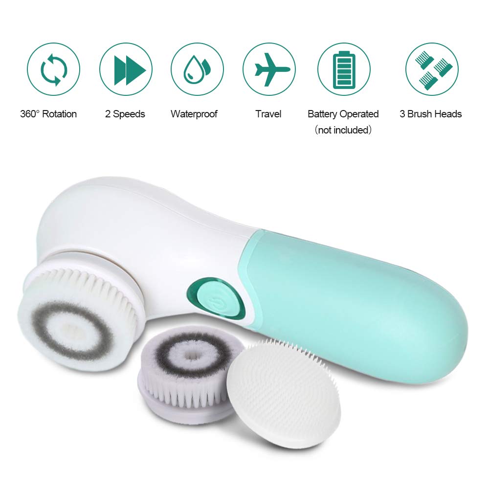 This electric facial cleansing brush features 360° rotation, two speeds, waterproof design, and travel-friendly portability.