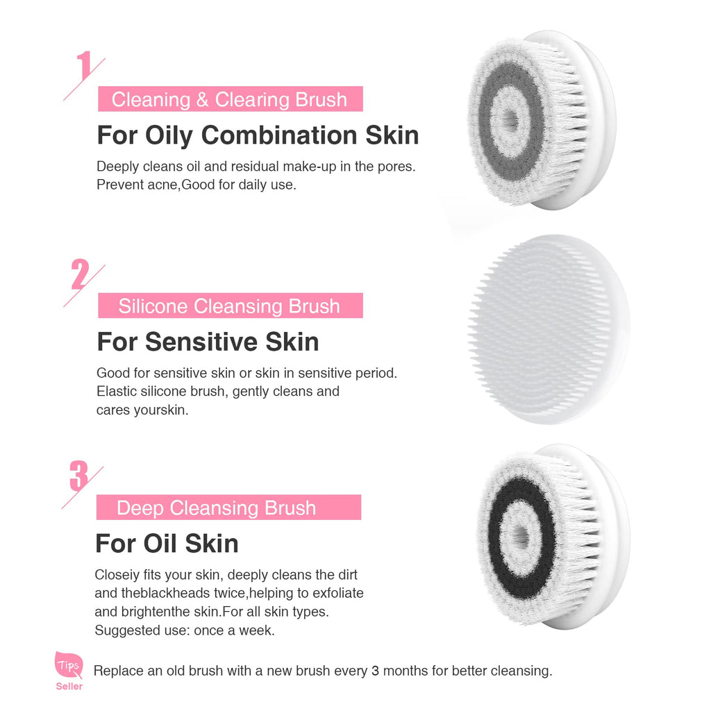 Electric facial cleansing brush with interchangeable heads for different skin types, promoting deep cleaning and skin care. Verified by CuratCart.