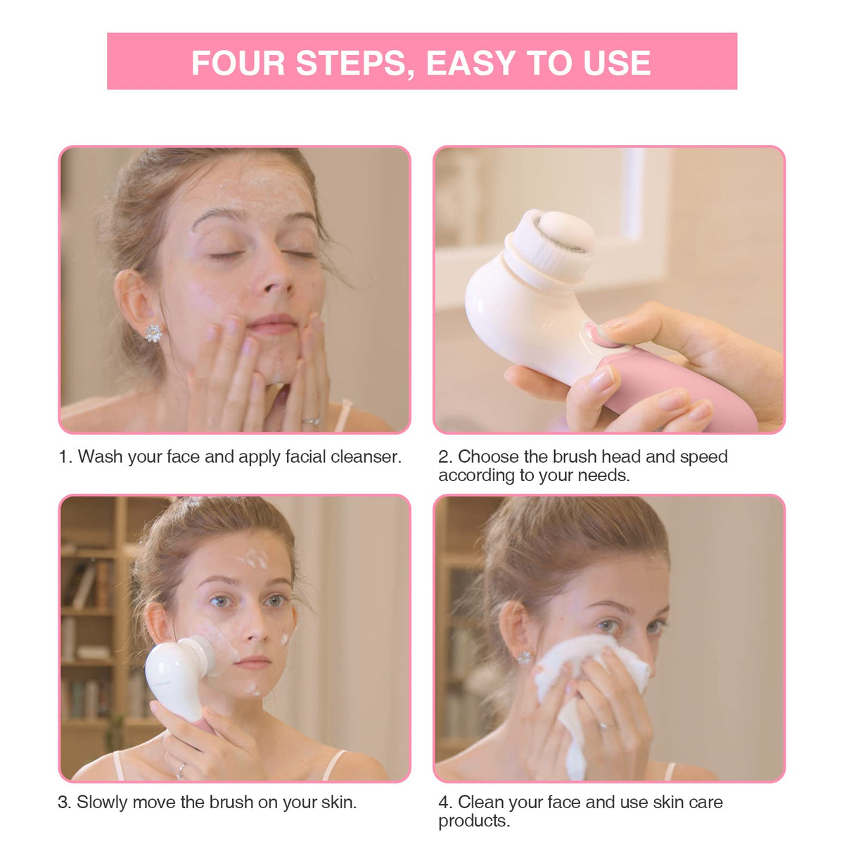 An electric facial cleansing brush in use; showcases user applying cleanser, adjustable brush head and speed settings.