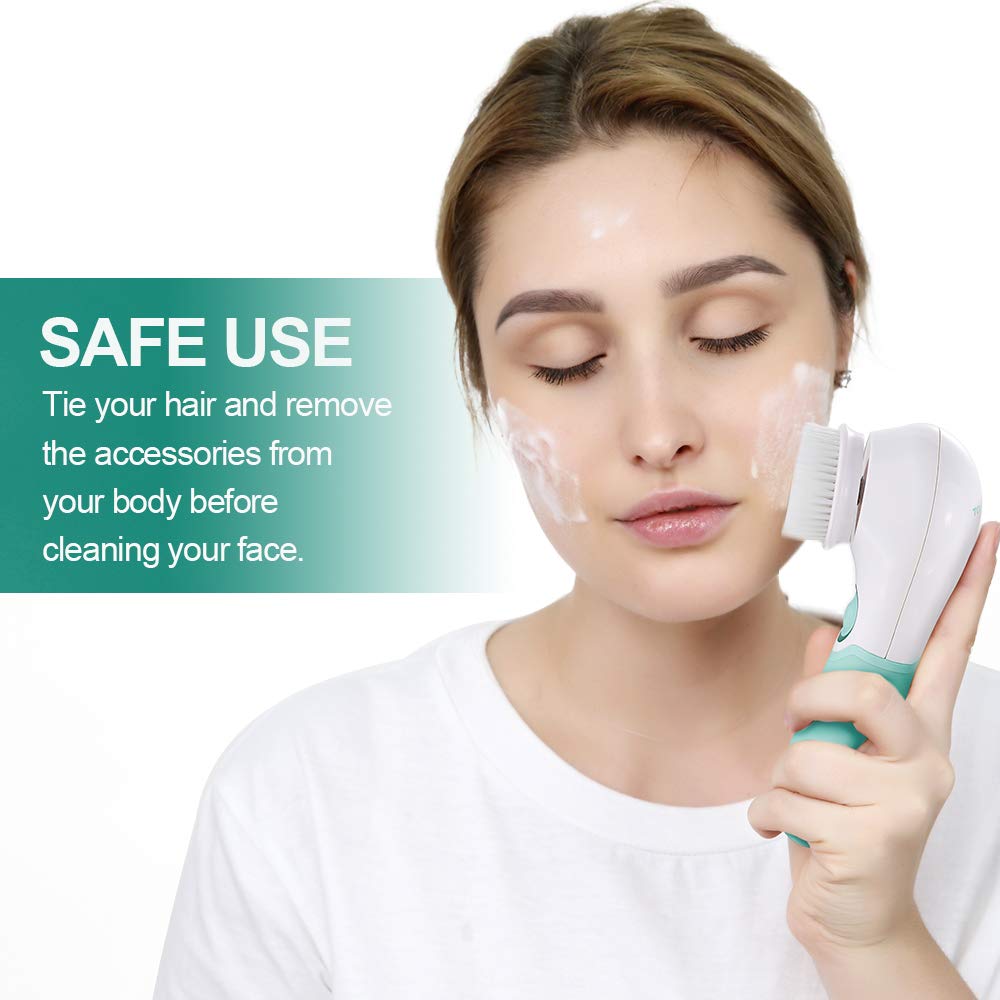 Genuine electric facial cleansing brush shown in use, promoting safe skincare with foam on face and clear instructions.