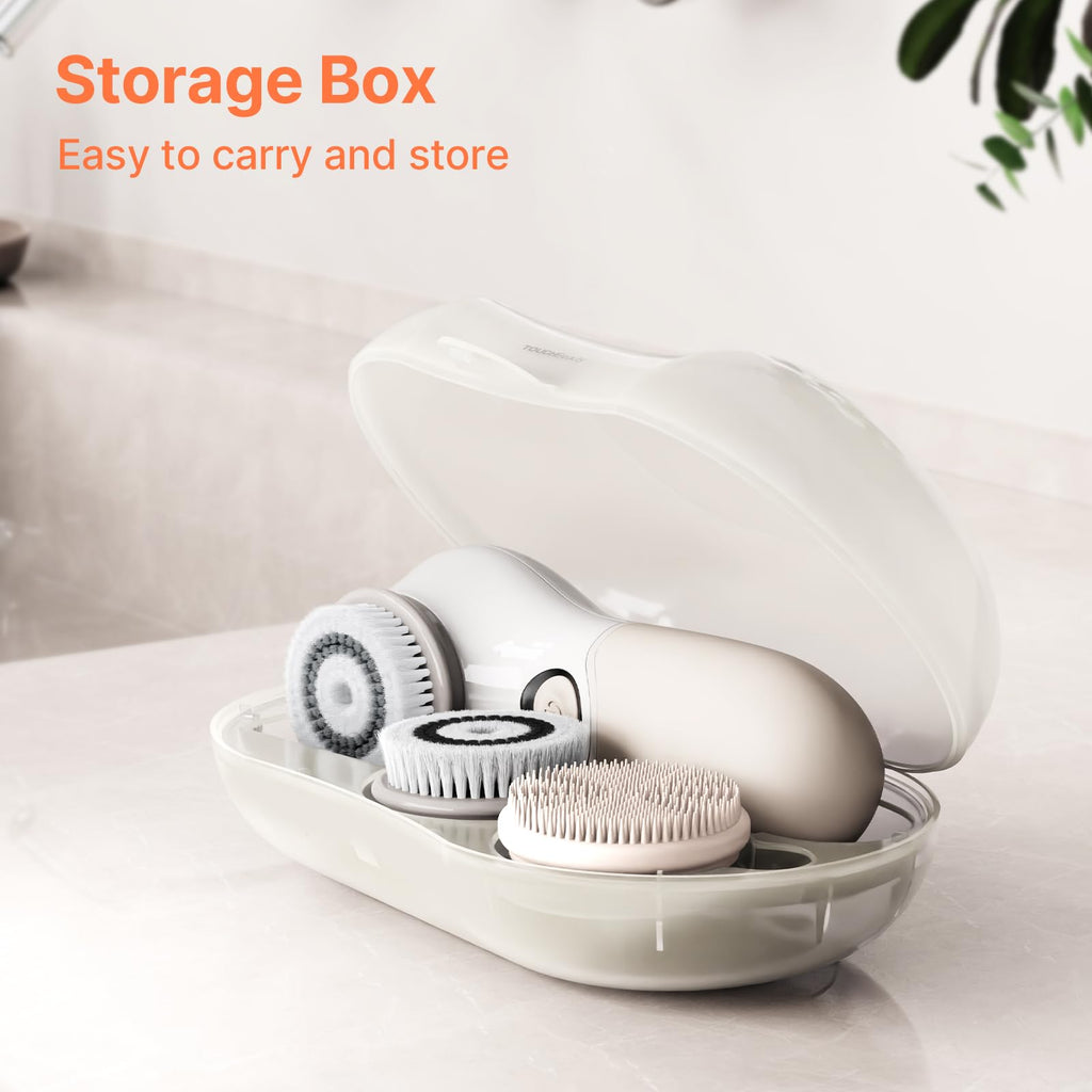 Electric facial cleansing brush in a sleek storage box, featuring multiple interchangeable brush heads for versatile skincare.