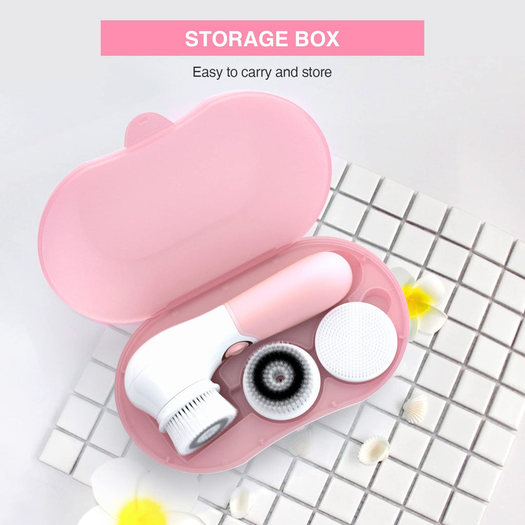 Electric facial cleansing brush with various heads in a pink storage case for easy carrying and storage.