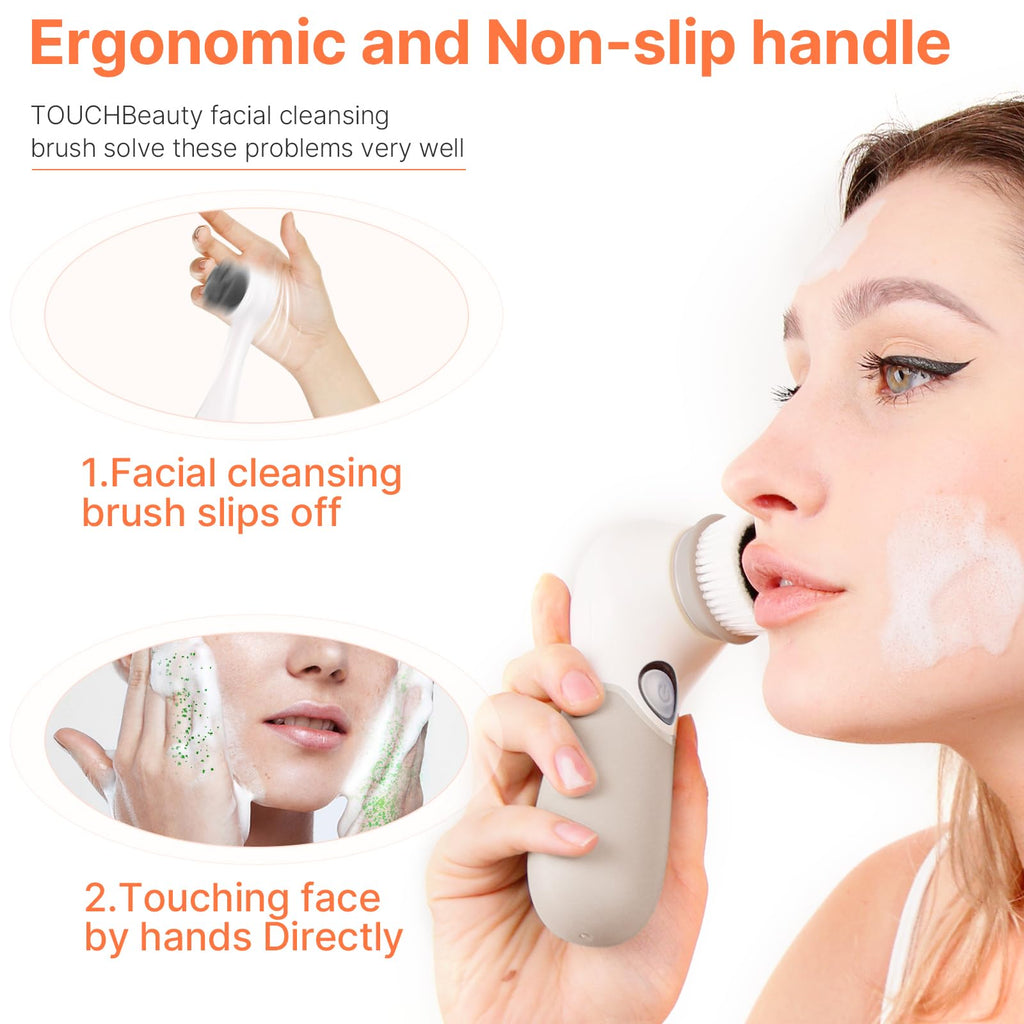 Ergonomic electric facial cleansing brush in use, promoting easy grip & effective cleansing. Verified by CuratCart for quality.