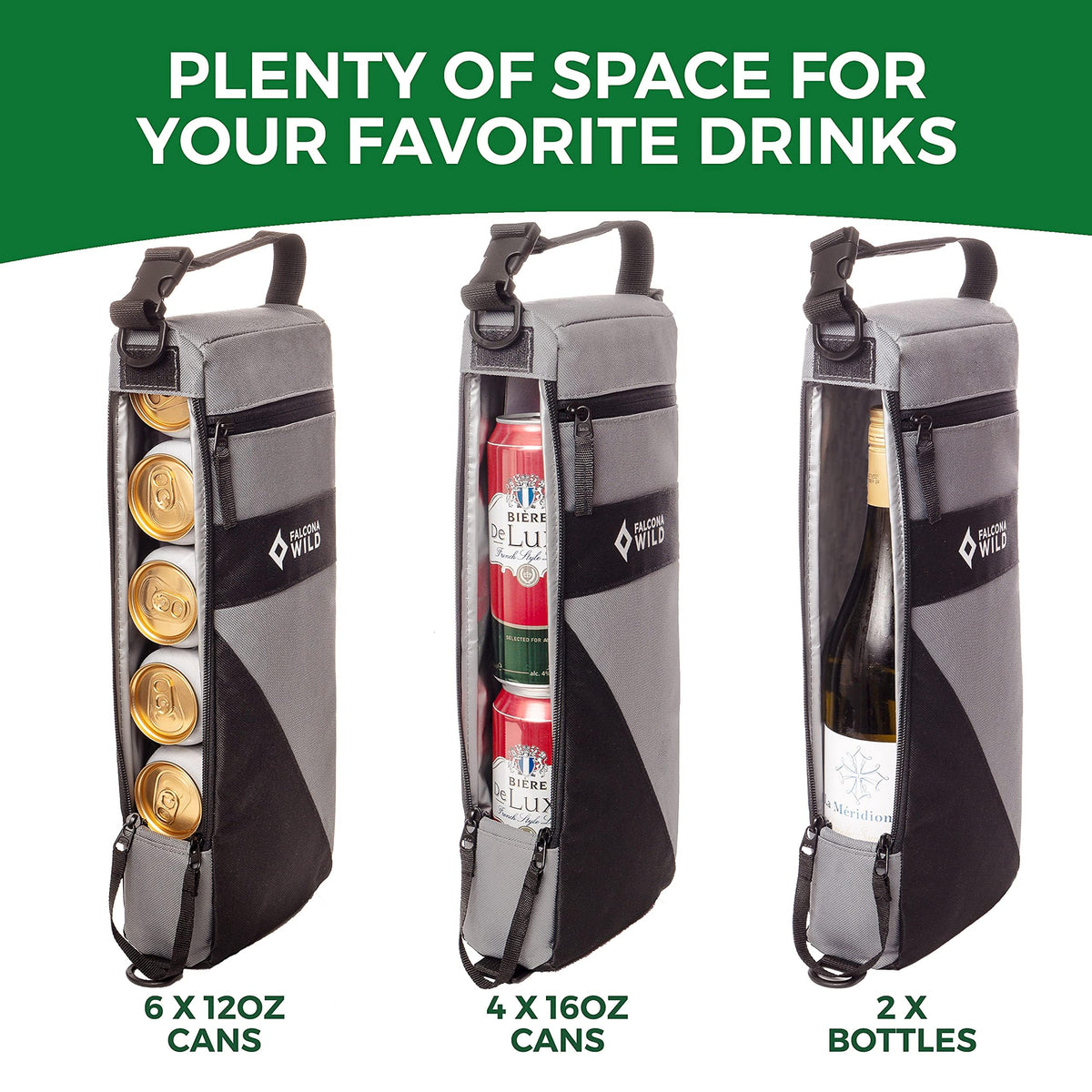 Falcona Wild Golf Cooler Bag offers ample space for 6 cans, 4 larger cans, or 2 bottles. Perfect for outdoor adventures. Available at Curat Cart.