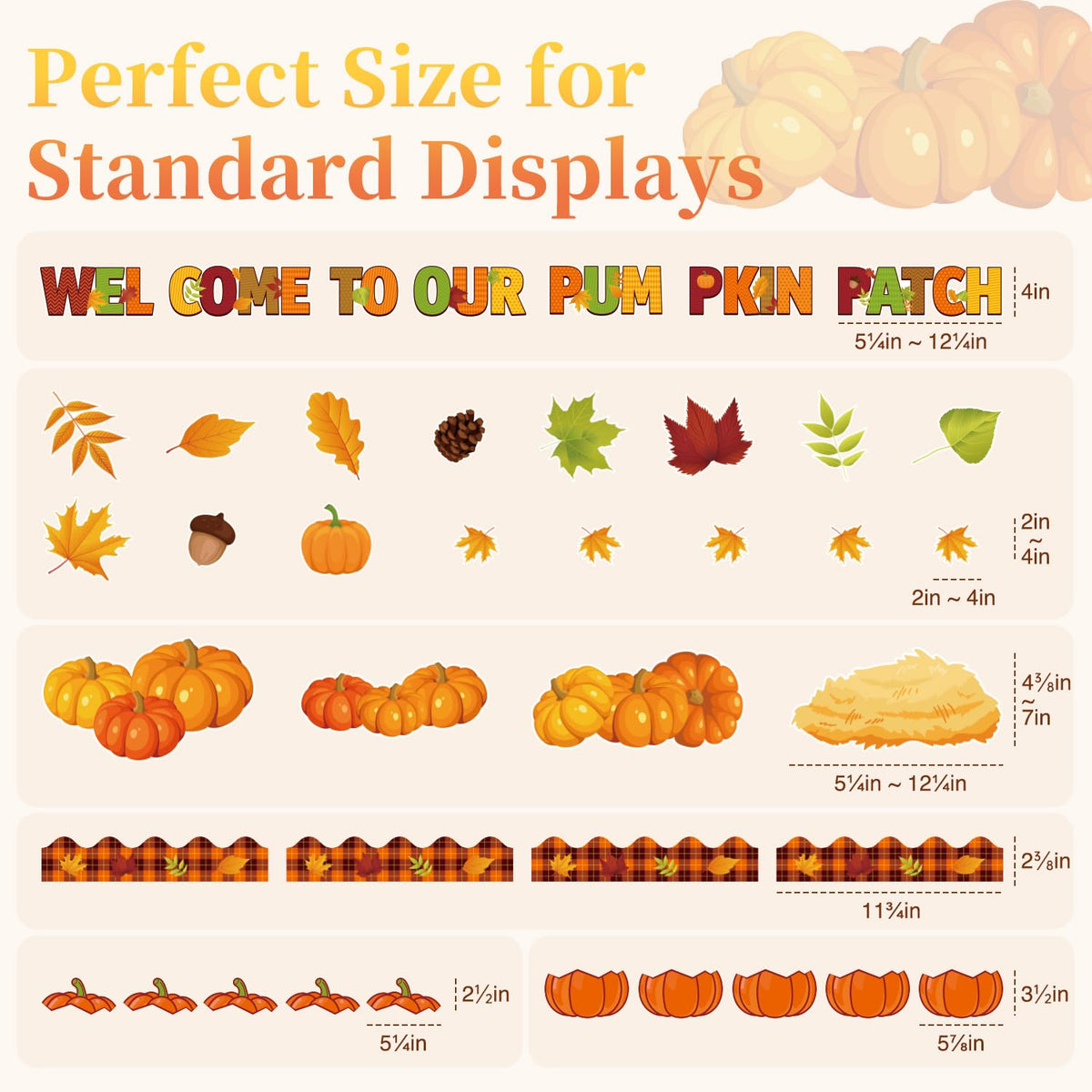 Fall Bulletin Board Decorations featuring pumpkins, leaves, and a warm color palette. 100% Authentic, Available in India at Curat Cart.