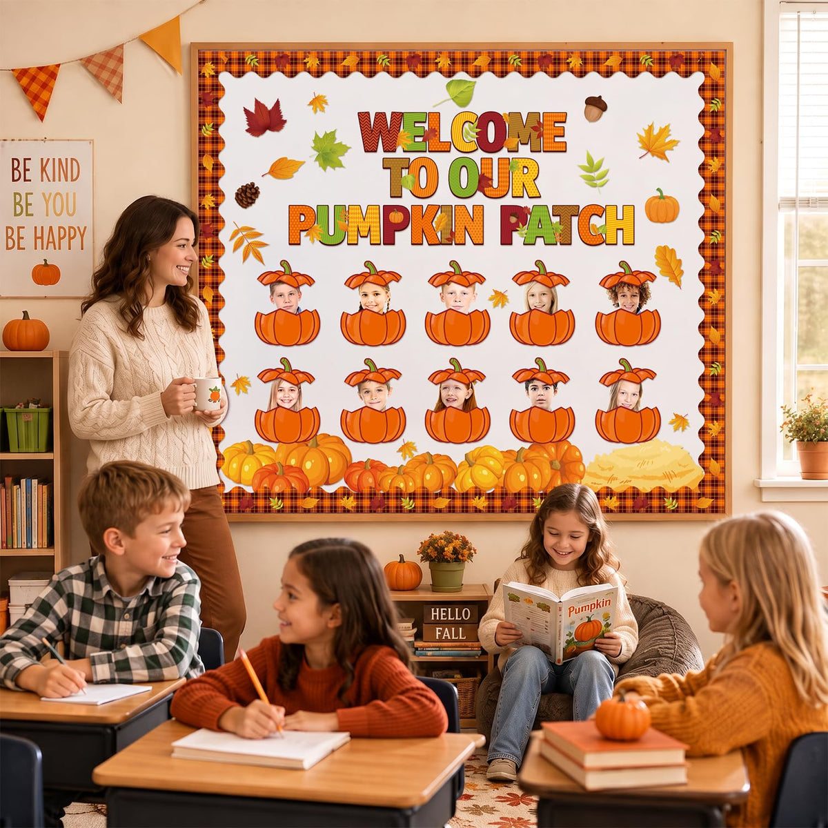 Vibrant Fall Bulletin Board Decorations from Curat Cart, featuring pumpkins and autumn leaves, perfect for seasonal displays.