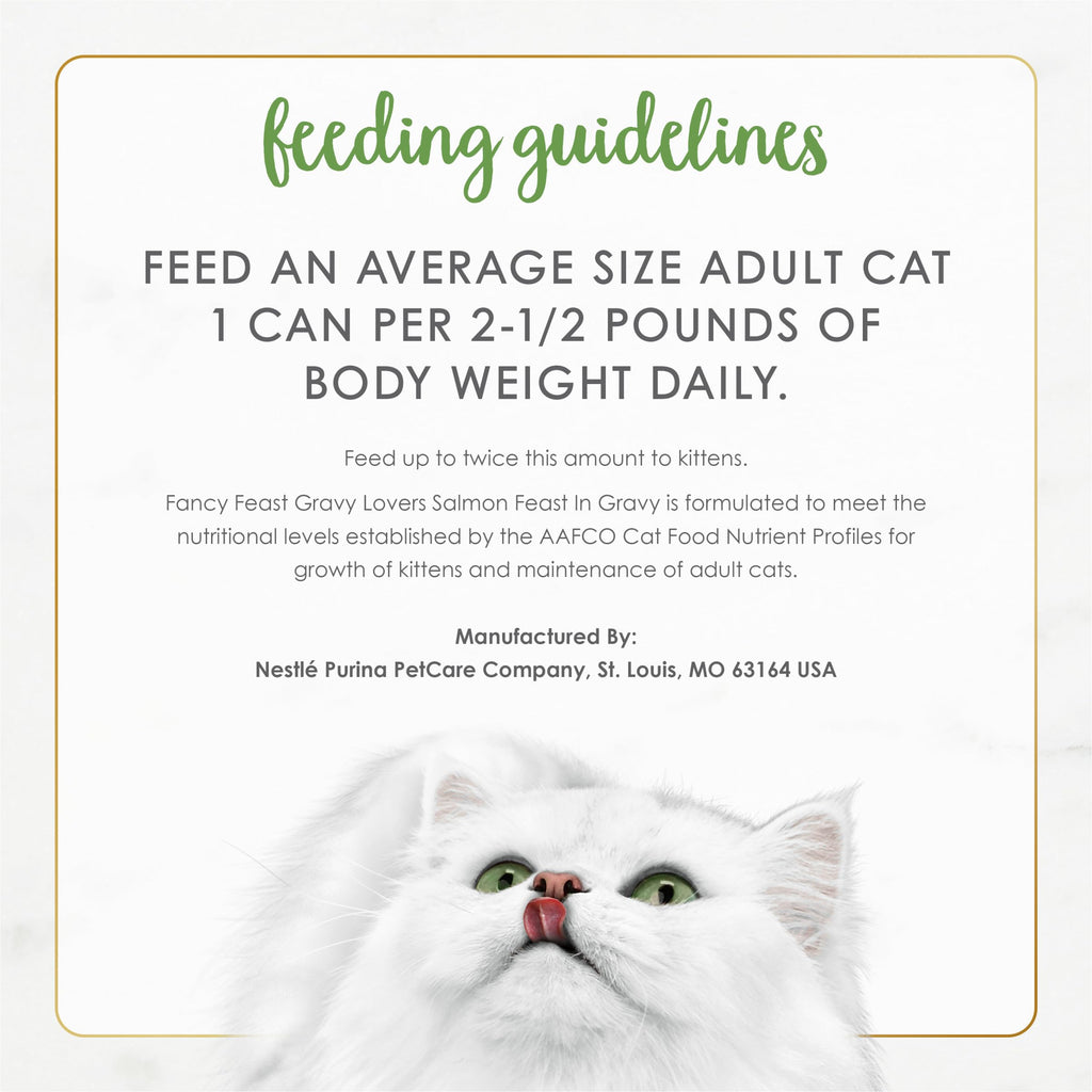 Detailed feeding guidelines for Fancy Feast Gravy Lovers Salmon, ensuring optimal nutrition for adult cats. Available at Curat Cart.