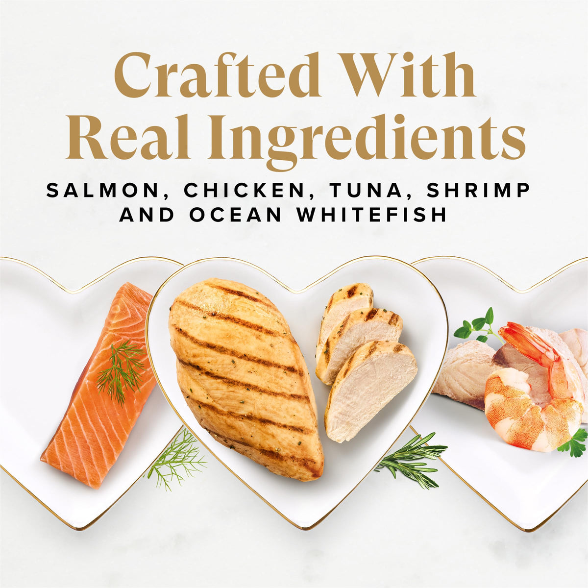 Fancy Feast Gourmet Wet Cat Food features real salmon, chicken, tuna, shrimp, and ocean whitefish, specially curated by Curat Cart.