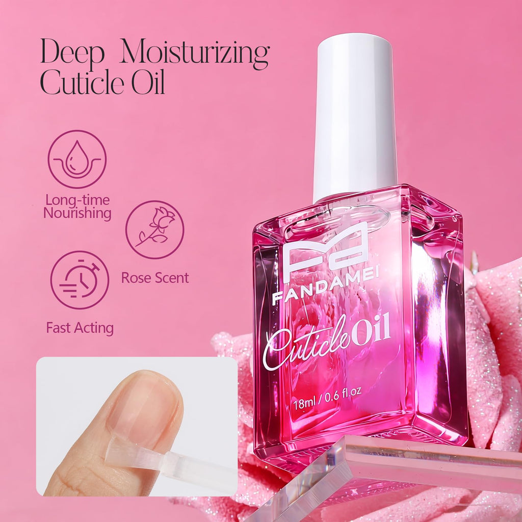 FANDAMEI Cuticle Remover Kit features deep moisturizing cuticle oil with a rose scent, ensuring long-time nourishment. Available in India at Curat Cart.