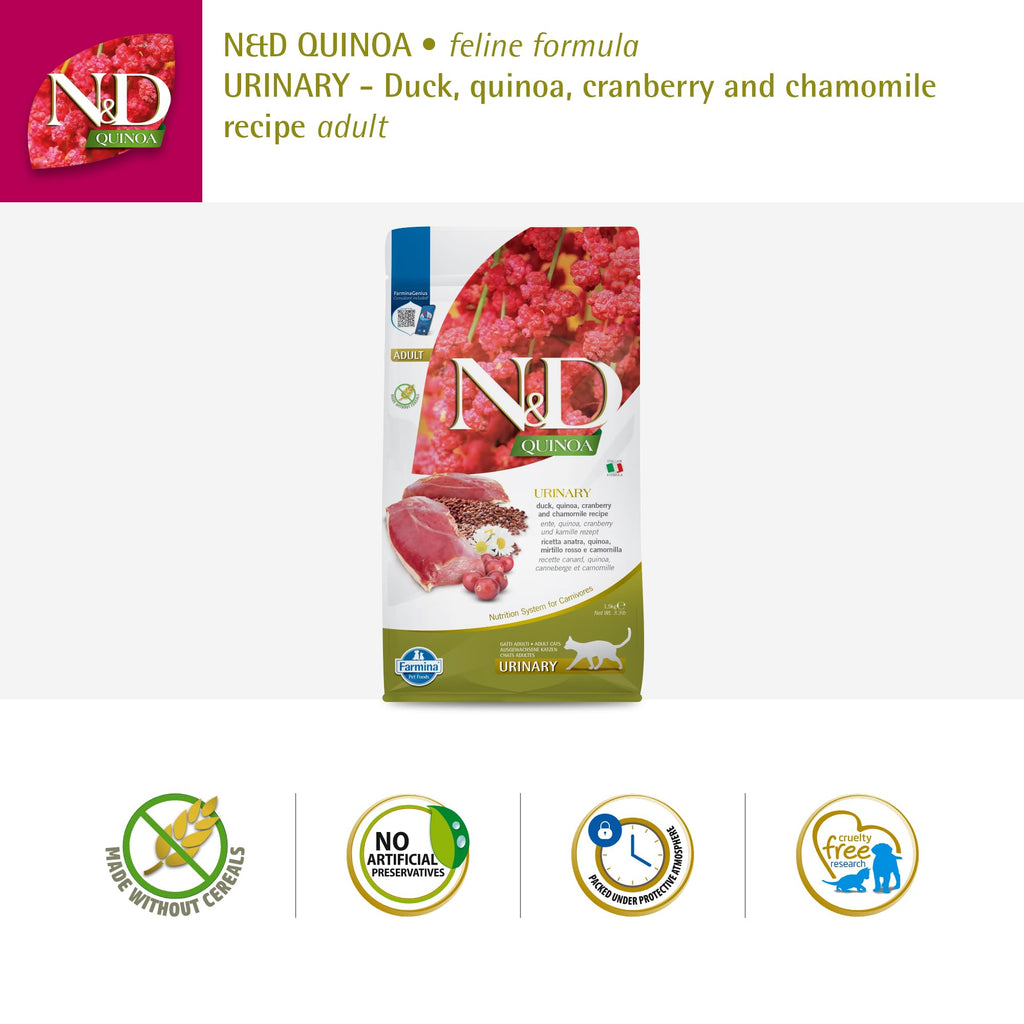 Discover Farmina N&D Quinoa Urinary Duck Formula, a premium imported cat food with quinoa, cranberry, and chamomile, available at Curat Cart.