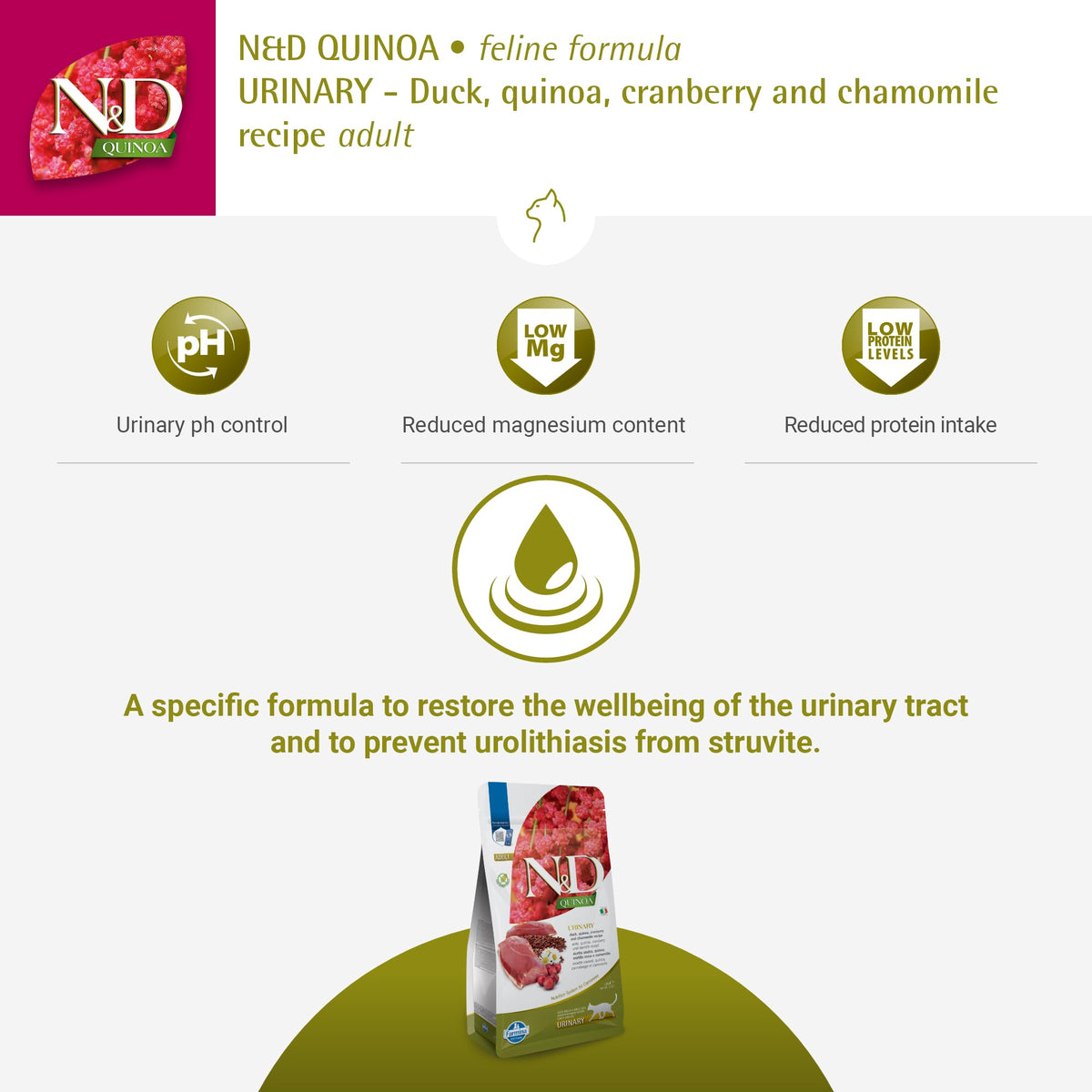 Farmina N&D Quinoa Urinary Duck Formula promotes urinary health for cats. Perfect for daily use, available at Curat Cart.