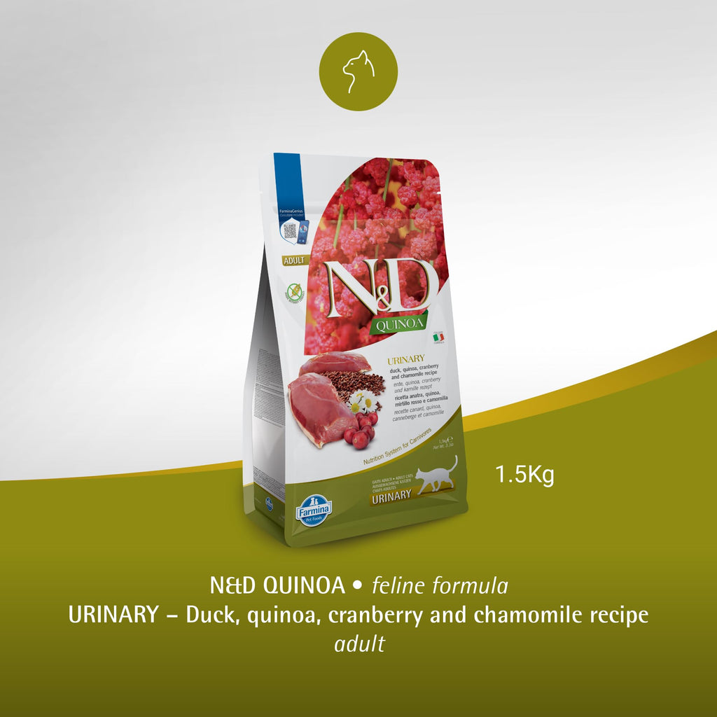 Farmina N&D Quinoa Urinary Duck Formula in high-quality packaging, 1.5kg for adult cats, available at Curat Cart.
