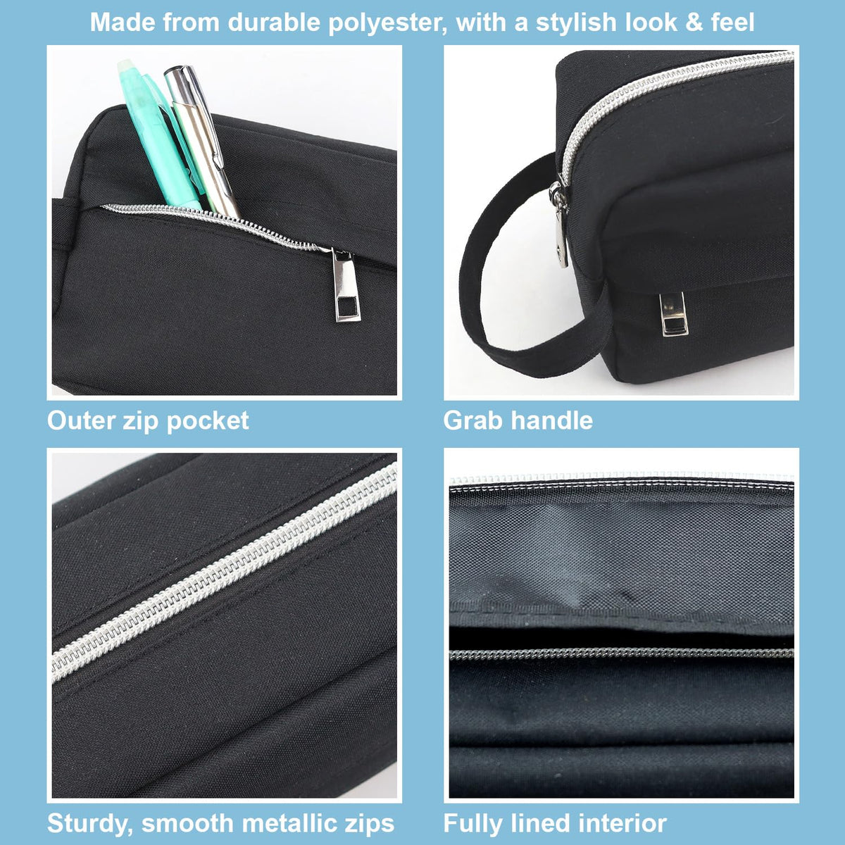 Fashion Black Pencil Case, specially curated by Curat Cart, features durable polyester, smooth zips, and a fully lined interior.