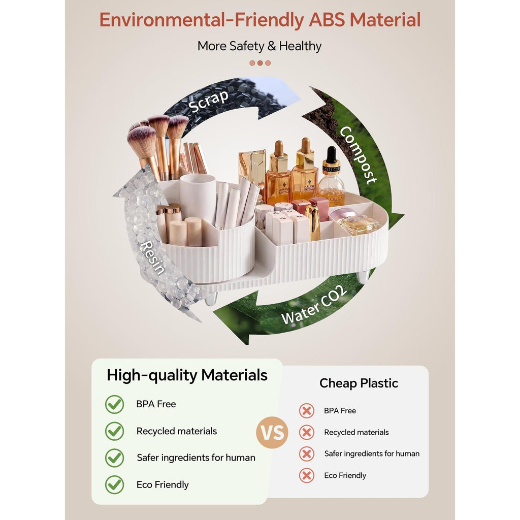 Booklov's rotating makeup organizer features eco-friendly ABS material, ensuring safety, authenticity, and sustainability in design.