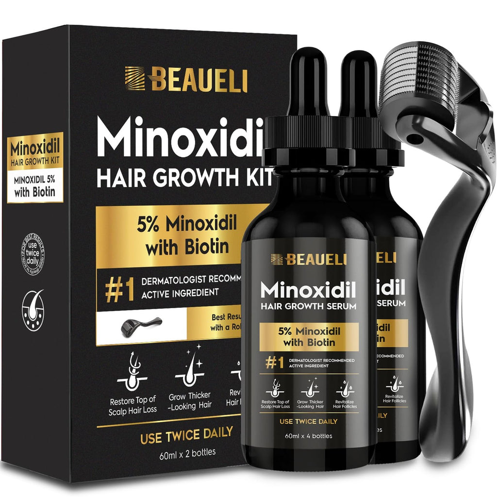Beaueli Minoxidil Beard Growth Kit For Men and Women, Hair Loss and Hair Regrowth Treatments, Minoxidil 5%, Black