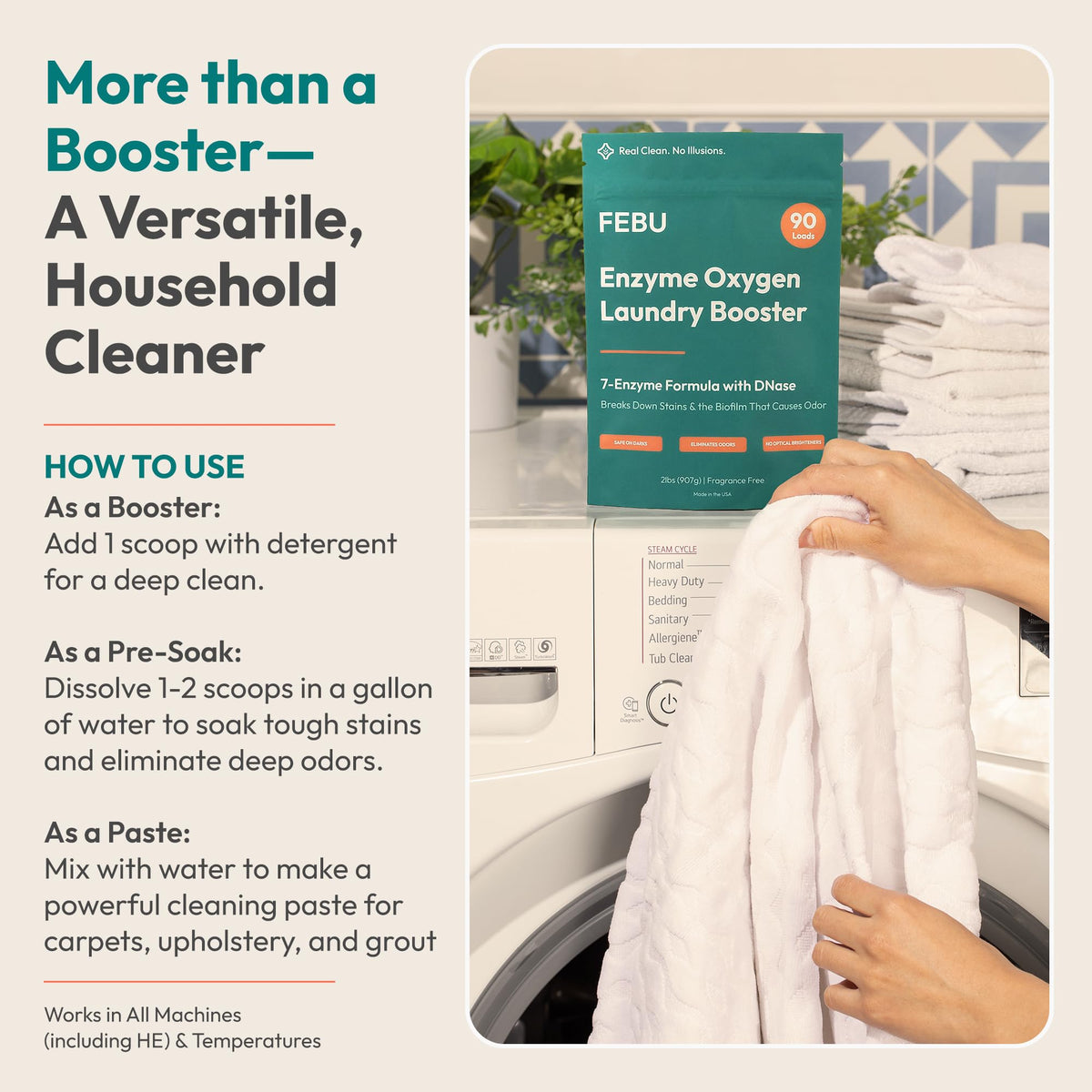 FEBU Enzyme Laundry Booster offers a powerful cleaning solution, 100% Authentic and available in India at Curat Cart.