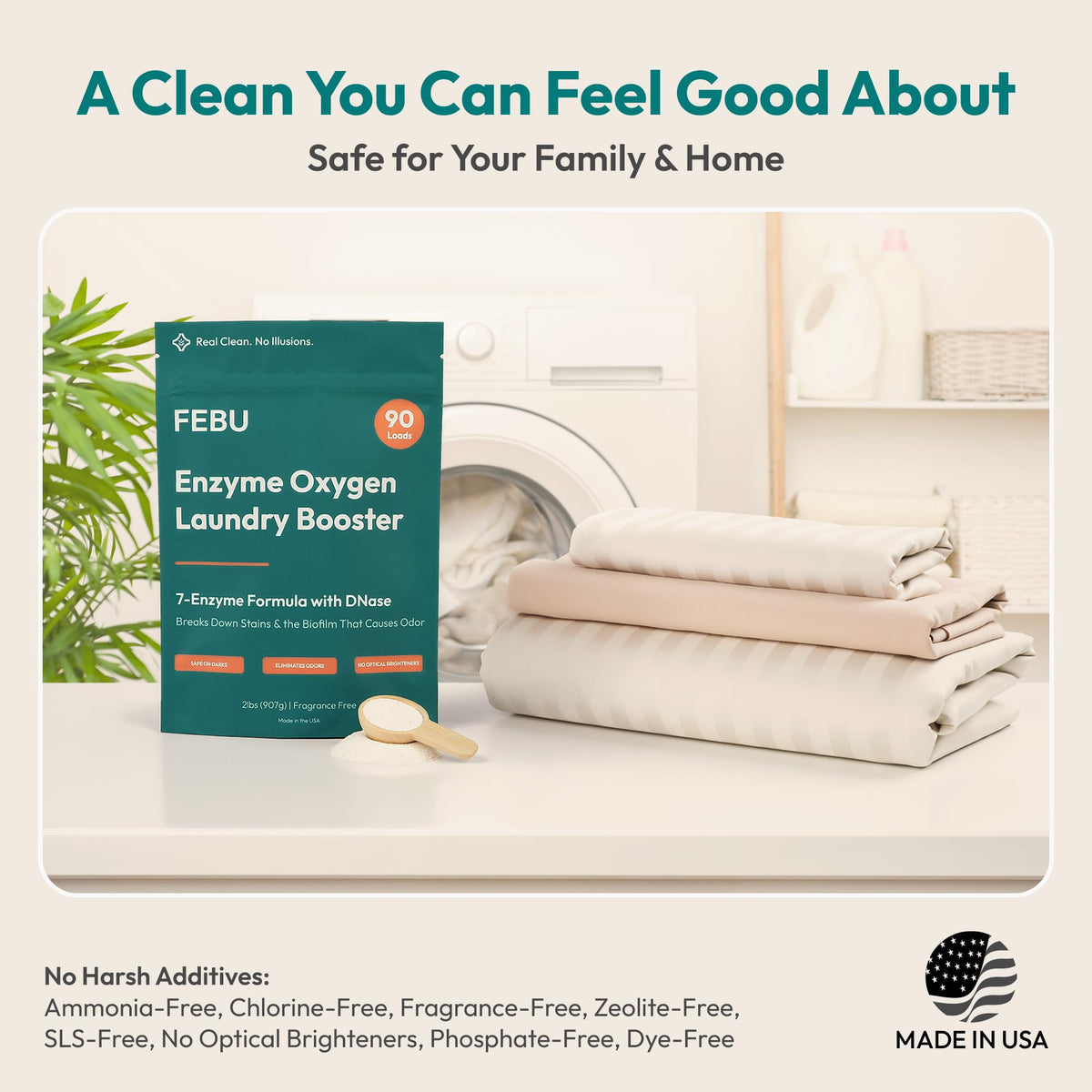 FEBU Enzyme Laundry Booster in premium packaging, ensuring a deep clean without harsh additives. Available at Curat Cart.