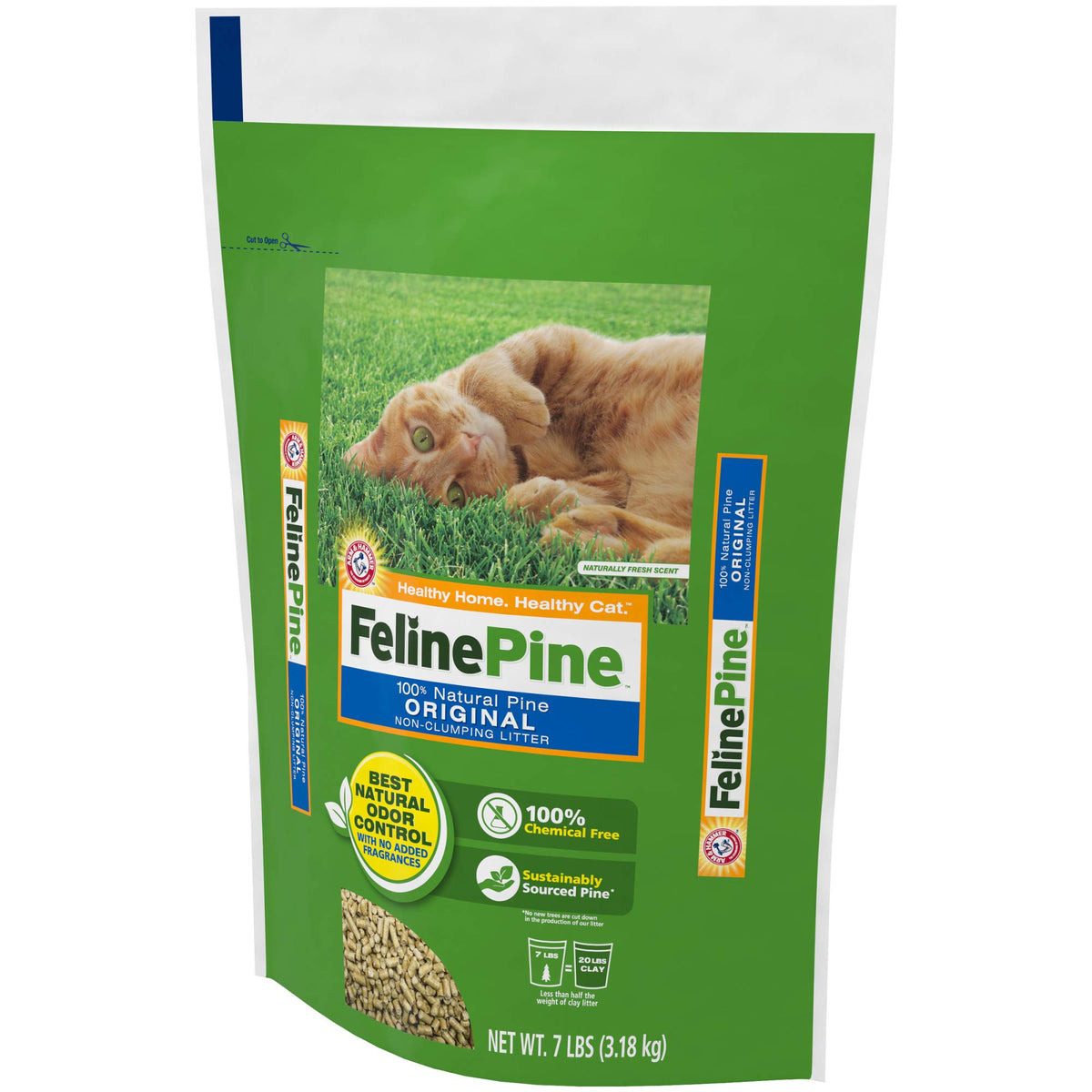 Feline Pine Cat Litter in official packaging, made from 100% natural pine for superior odor control. Available at Curat Cart.