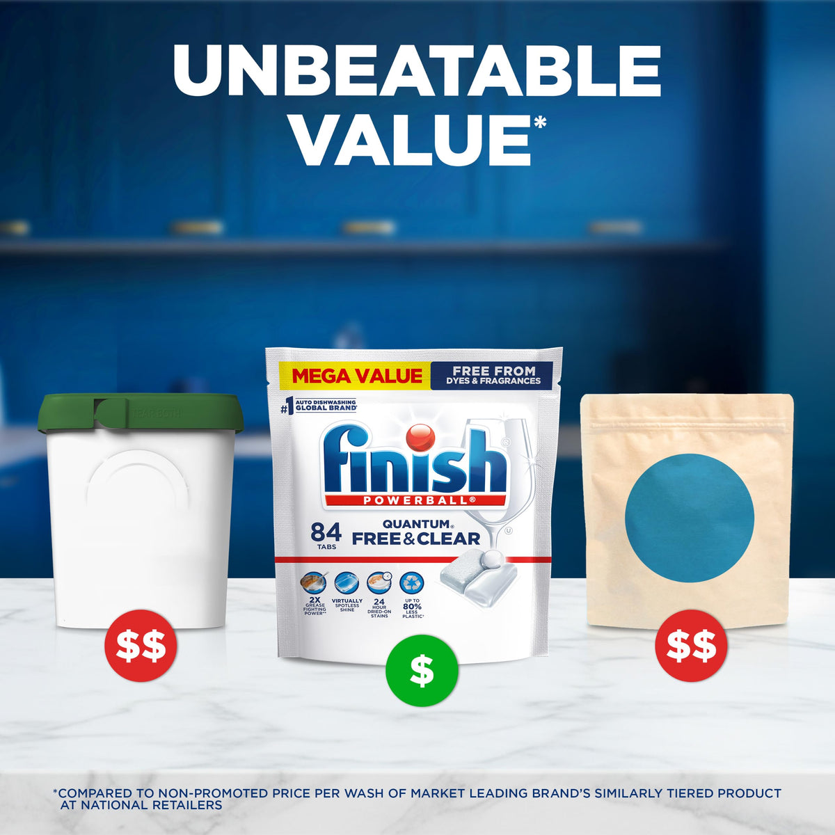 Finish Dishwasher Pods in official packaging, offering unbeatable value for powerful cleaning. Available at Curat Cart.