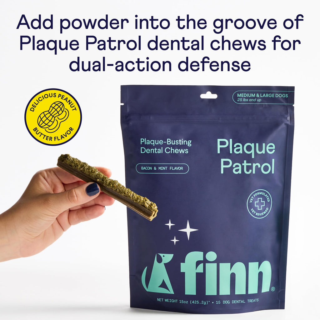 Premium imported Finn Dental Powder for Dogs, featuring delicious peanut butter flavor for effective dental care. Available at Curat Cart.