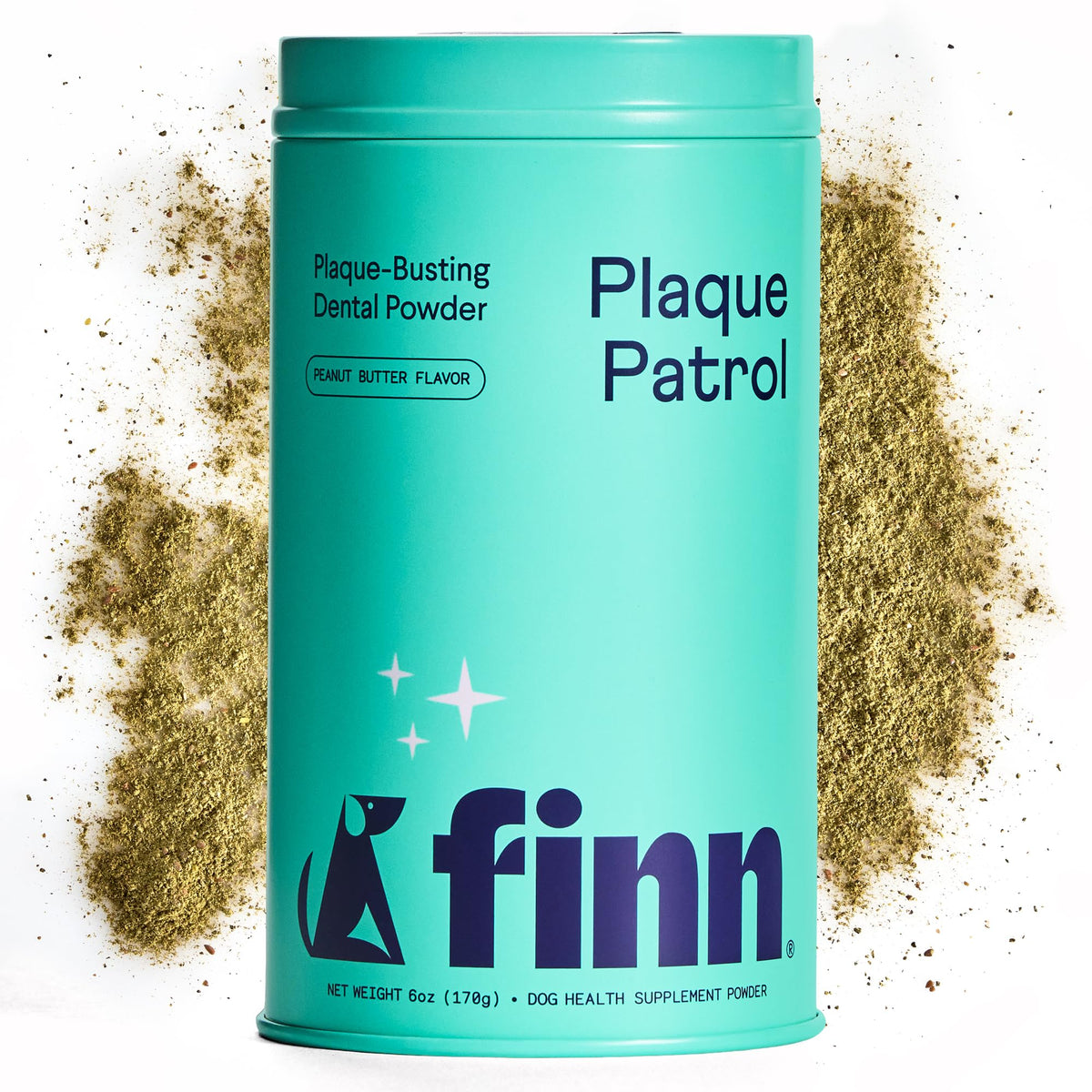 Finn Dental Powder for Dogs, a premium imported plaque-busting supplement, enhances dental health with peanut butter flavor. Available at Curat Cart.