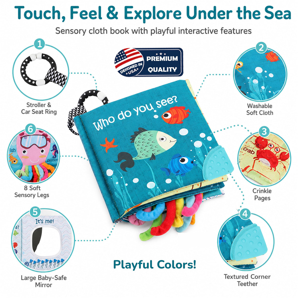 Interactive Fish Baby Cloth Crinkle Book featuring sensory elements and premium quality materials. Available at Curat Cart.