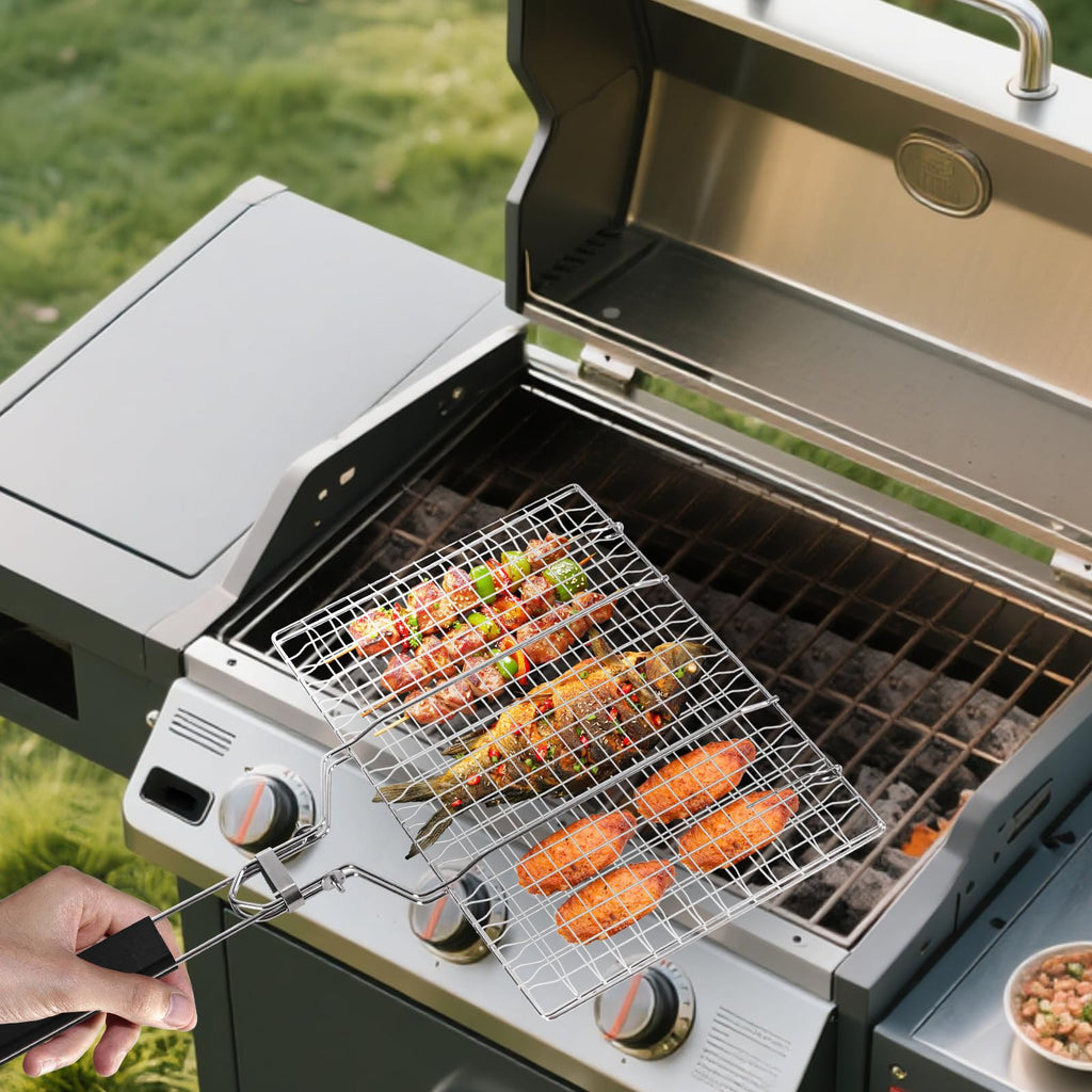 Premium fish grill basket featuring high-quality stainless steel, perfect for grilling delicious fish and vegetables. Available at Curat Cart.