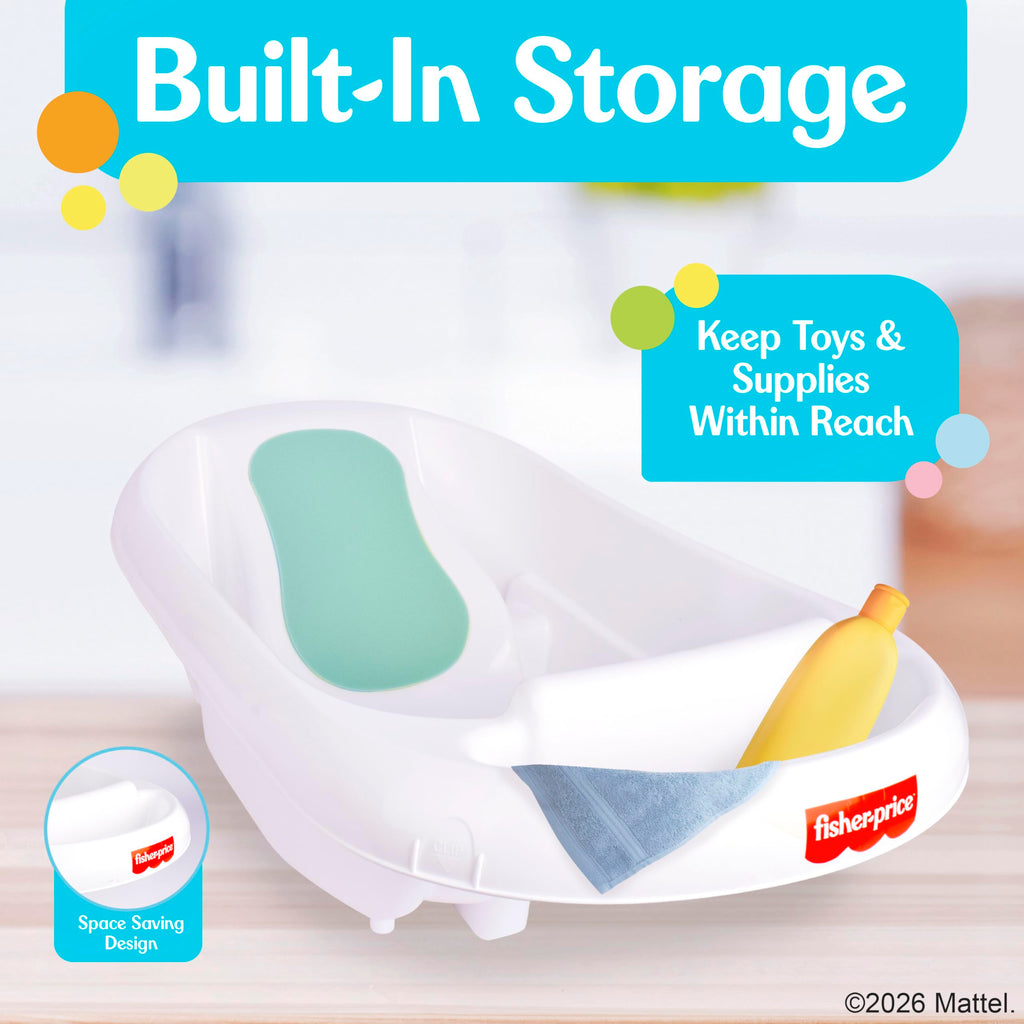 Fisher-Price 3-N-1 Grow with Baby Bath Tub features built-in storage for toys and supplies, perfect for daily use. Available at Curat Cart.