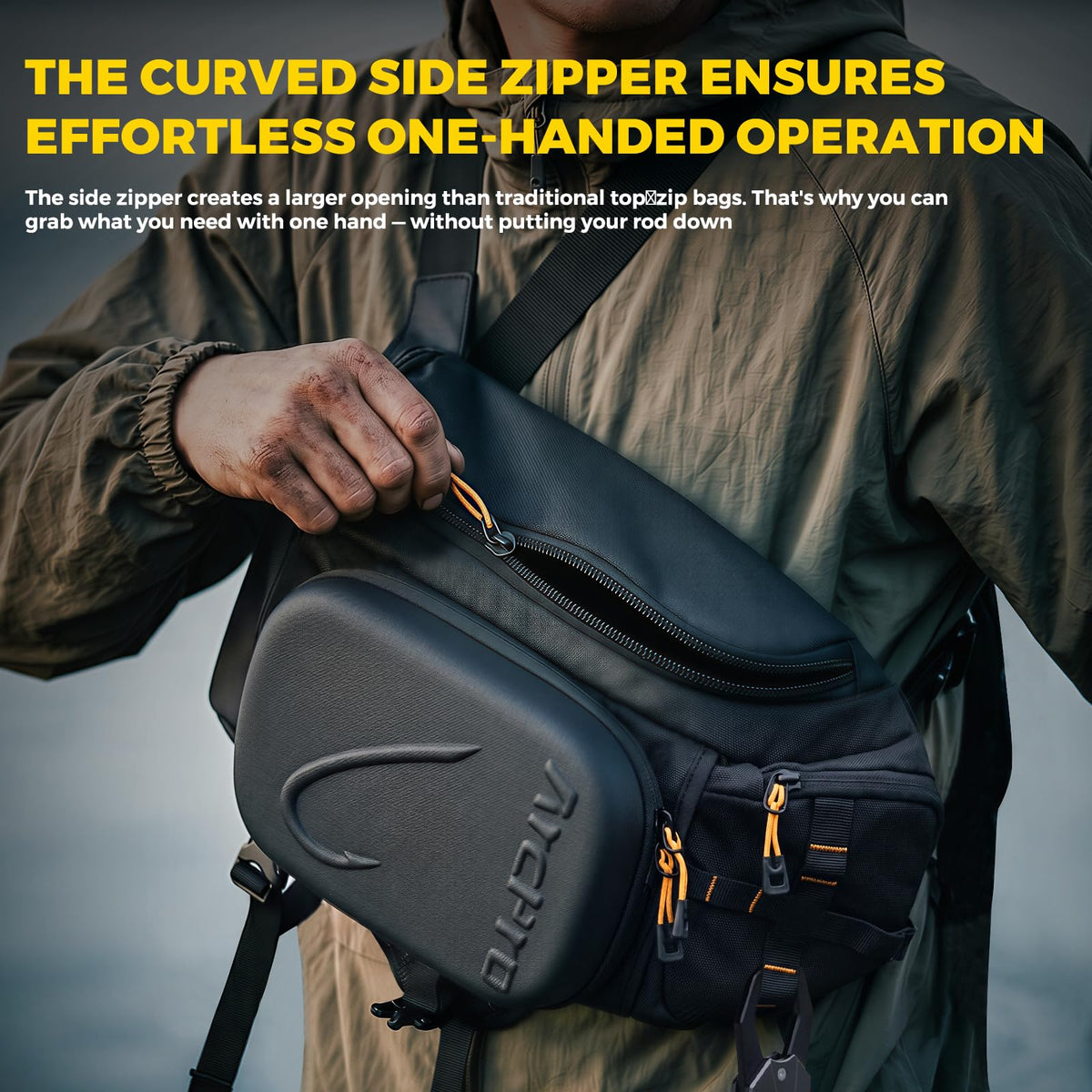 Explore the Fishing Sling Pack with Workstation, featuring a high-quality finish and innovative one-handed zip for convenience. Available at Curat Cart.