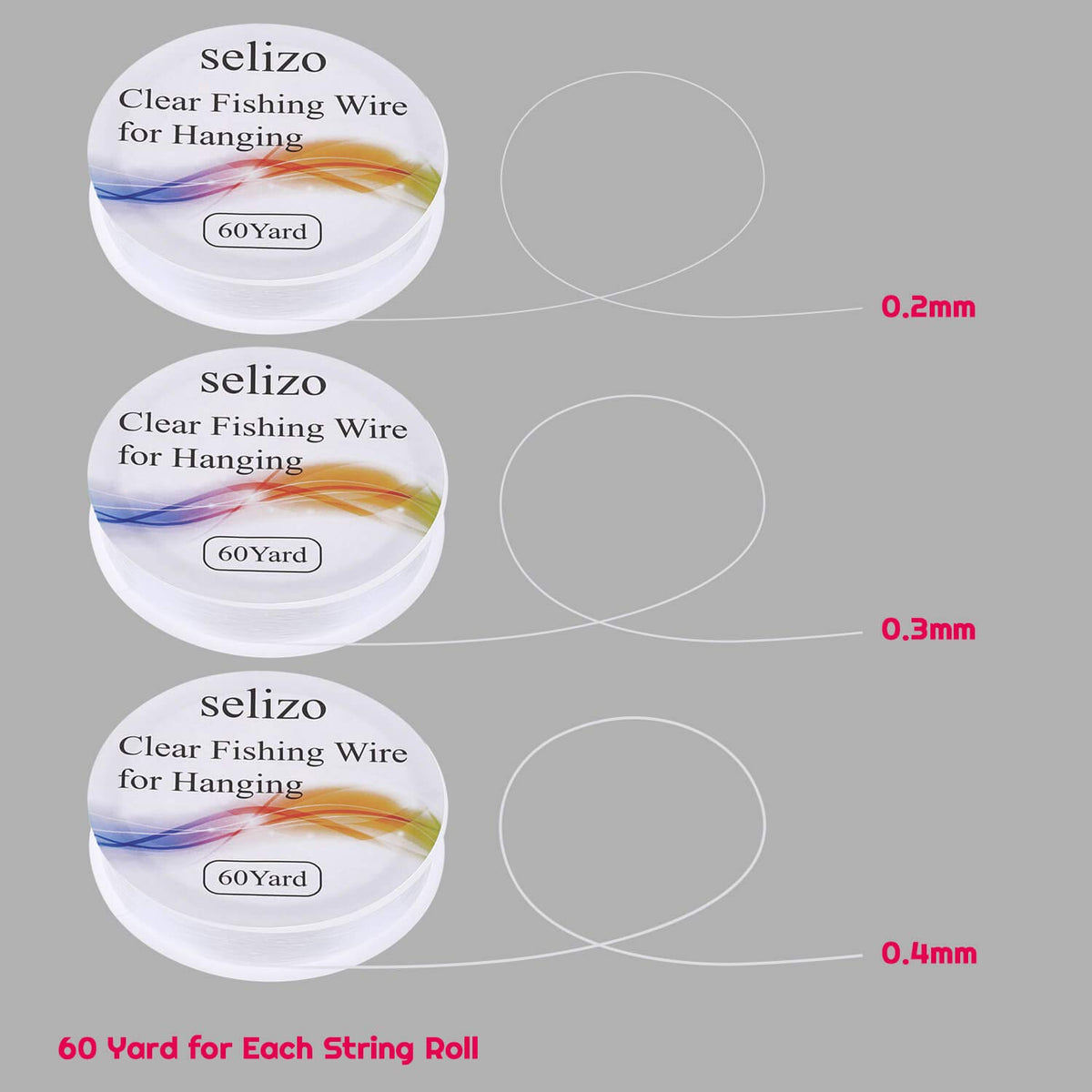 Selizo Fishing Wire Jewelry String in official packaging, featuring three variants: 0.2mm, 0.3mm, and 0.4mm, available at Curat Cart.