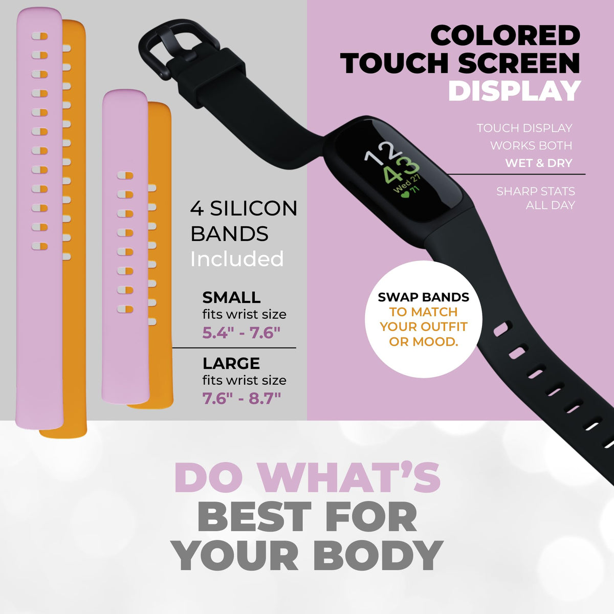 Discover the Fitbit Inspire 3 Fitness Tracker in premium packaging, featuring a vibrant touch display and interchangeable bands at Curat Cart.
