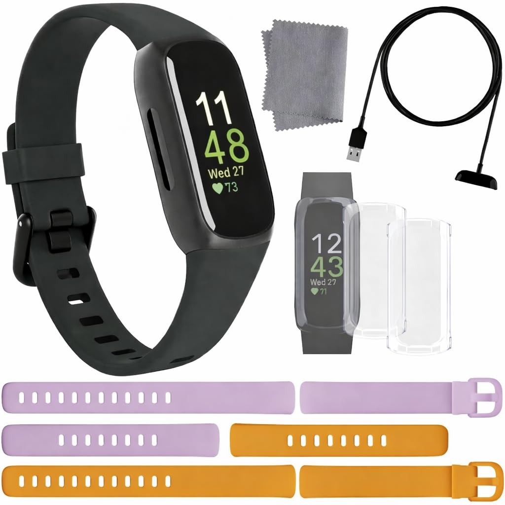 Fitbit Inspire 3 Fitness Tracker with premium imported accessories including multiple bands, charging cable, and screen protectors from Curat Cart.