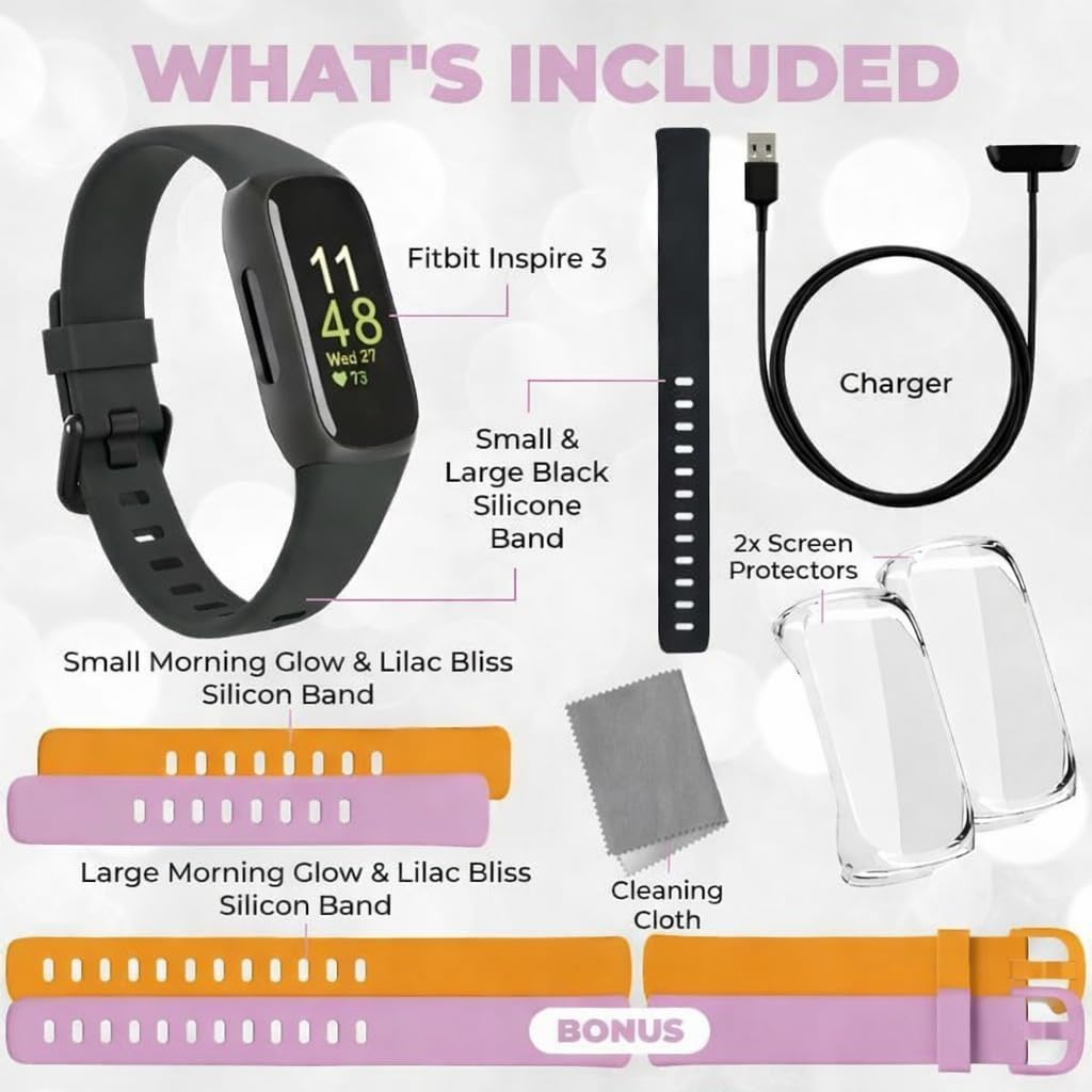 Discover the Fitbit Inspire 3 Fitness Tracker with bands, charger, and accessories. 100% Authentic, available at Curat Cart in India.