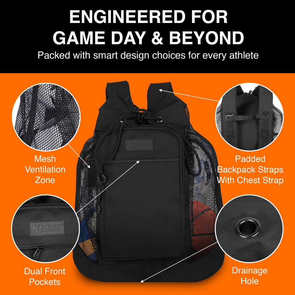 Fitdom Heavy Duty Mesh Ball Backpack with padded straps and dual front pockets. 100% Authentic, available at Curat Cart in India.