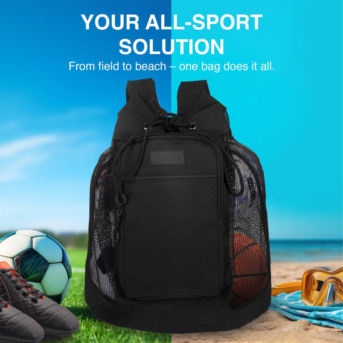 Fitdom Heavy Duty Mesh Ball Backpack showcases high-quality mesh design, perfect for sports gear. Available at Curat Cart.