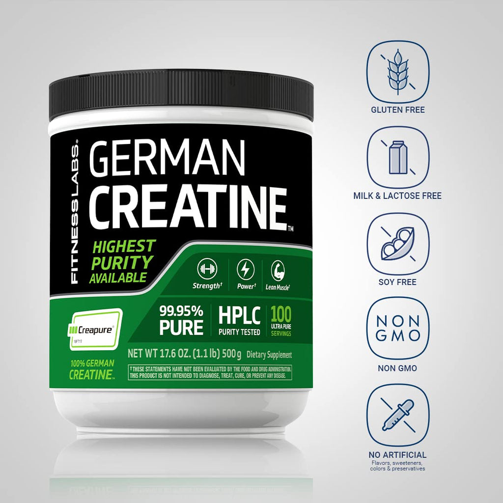 Fitness Labs Creatine Monohydrate Powder in official packaging, 99.95% pure, gluten-free, and non-GMO. Available at Curat Cart.