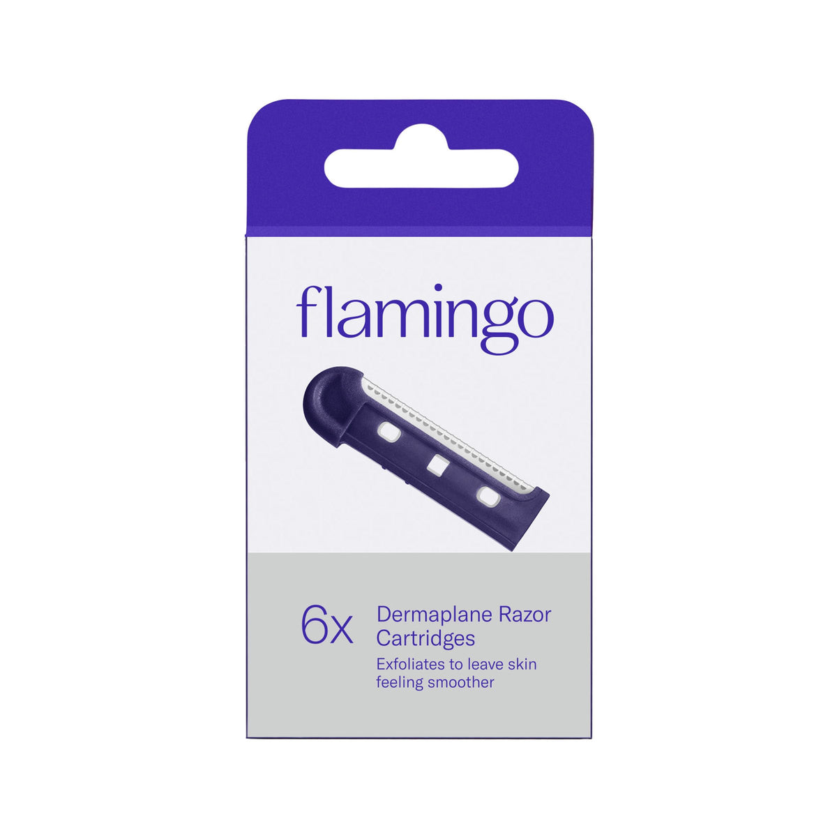 Authentic Flamingo dermaplane razor refill cartridges. Exfoliates for smoother skin, includes 6 blades in a sleek package.