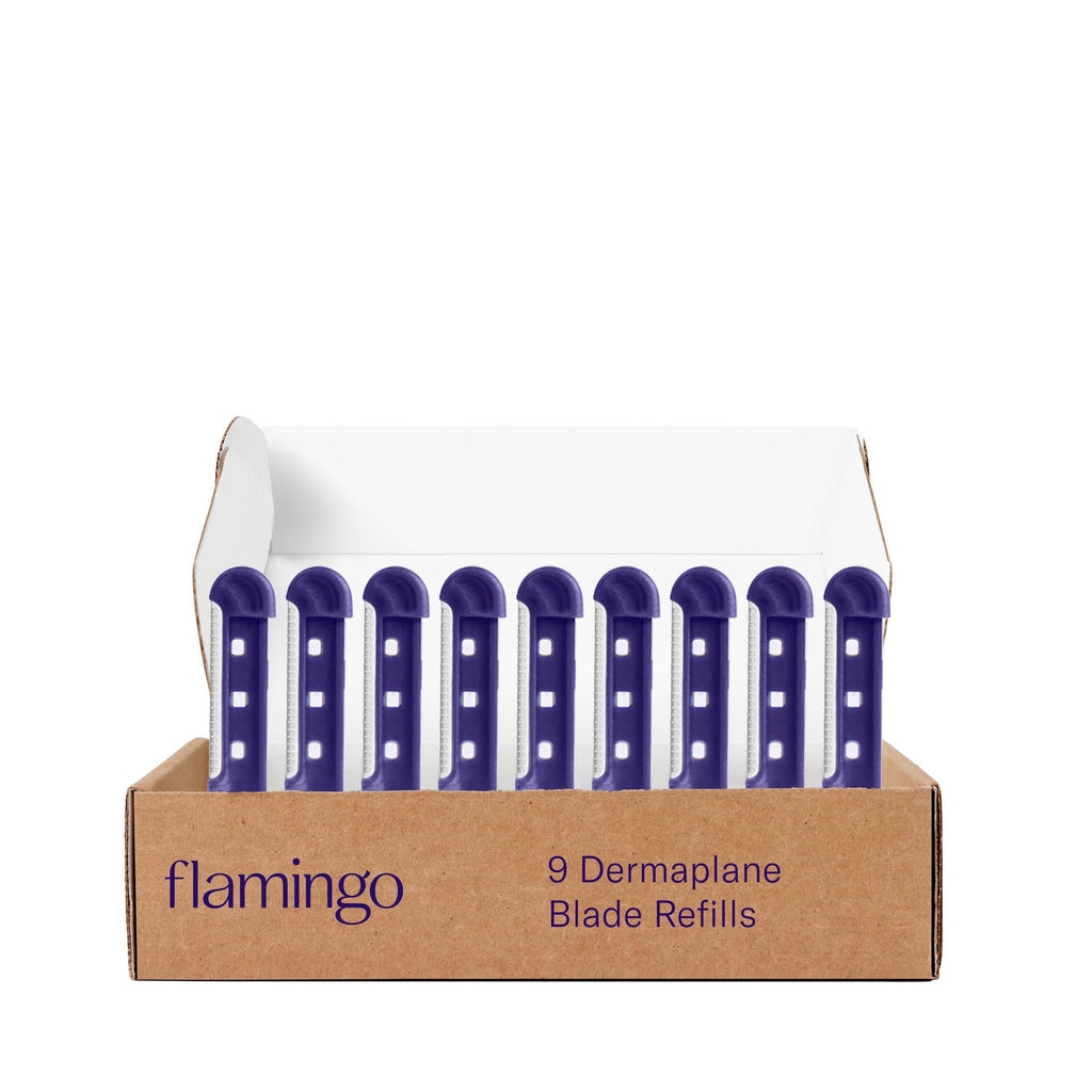 Premium imported Flamingo dermaplane blade refills in a sleek display box, perfect for achieving smooth skin.