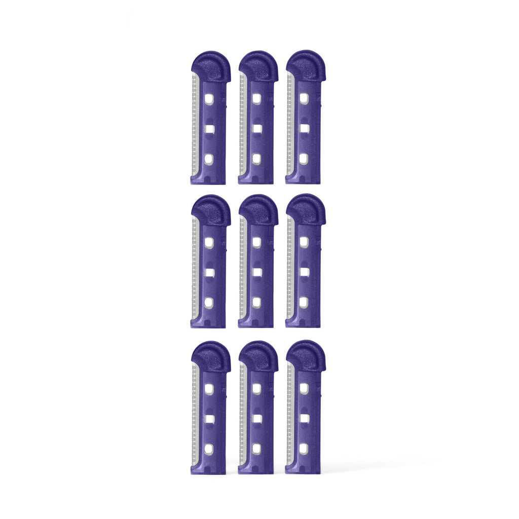 Official Flamingo Dermaplane Blades Refills - 6-pack, featuring vibrant purple handles for precise and effective grooming.