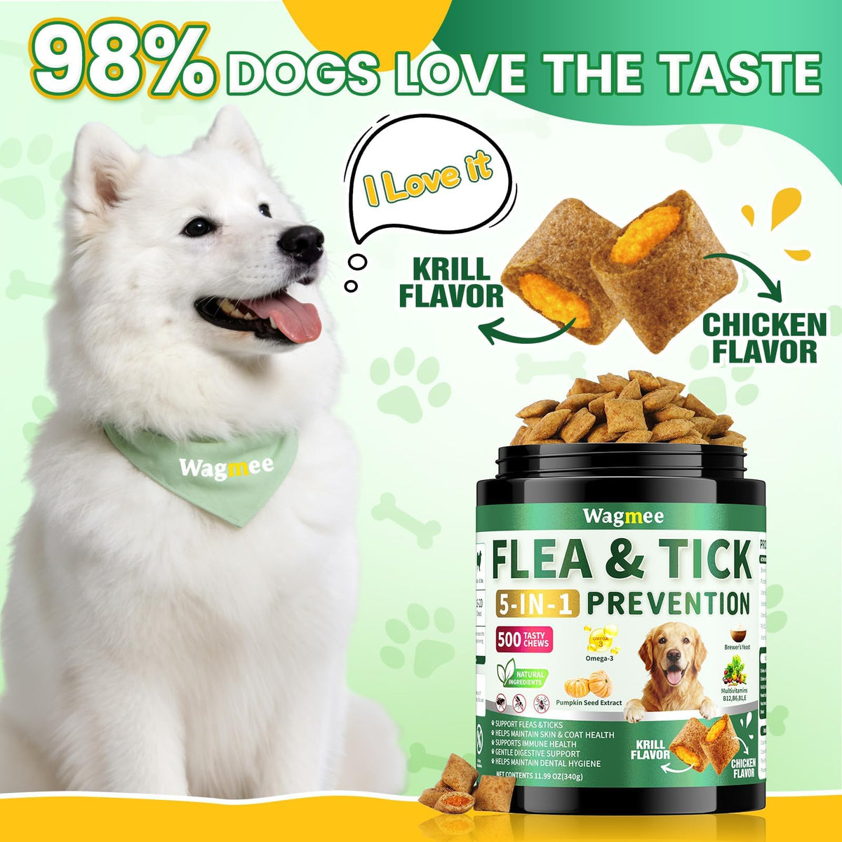 Flea and Tick Prevention for Dogs in krill and chicken flavors, 100% Authentic and available in India at Curat Cart.