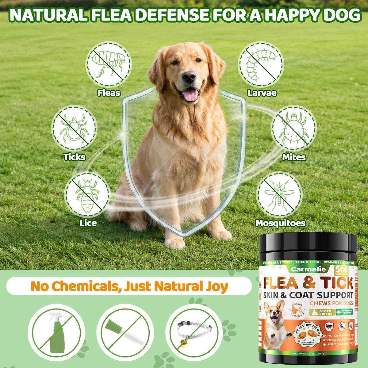 Carmelie Flea and Tick Prevention Chewables in official packaging, promoting natural defense for dogs. Available at Curat Cart.