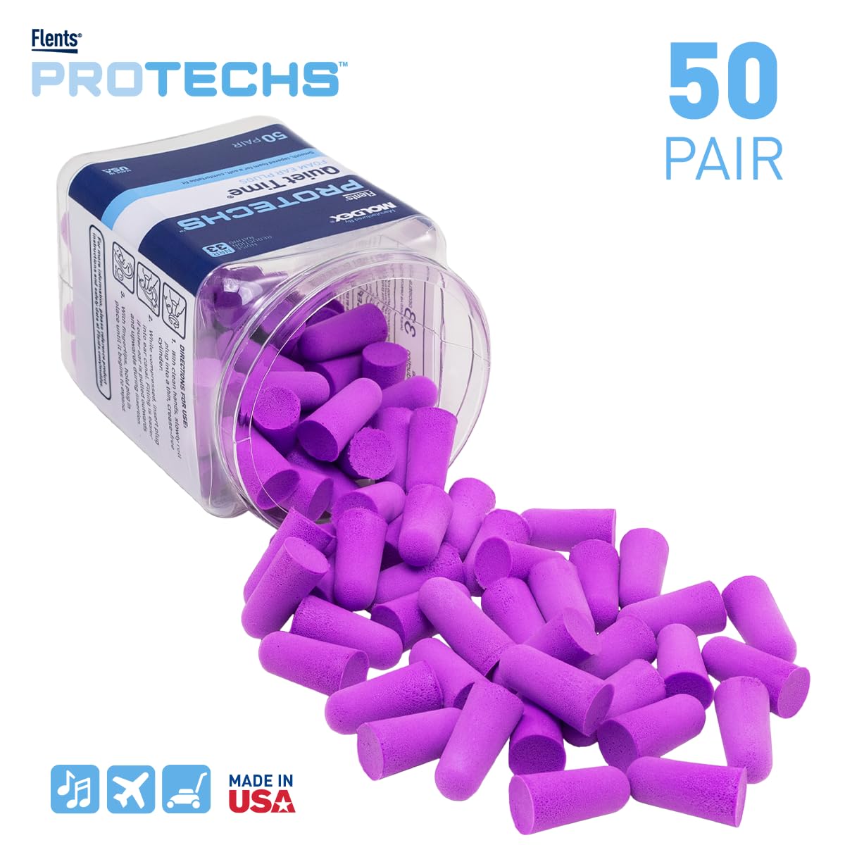 Flents Protechs Foam Ear Plugs in official jar packaging, offering 50 pairs for superior noise reduction. Available at Curat Cart.