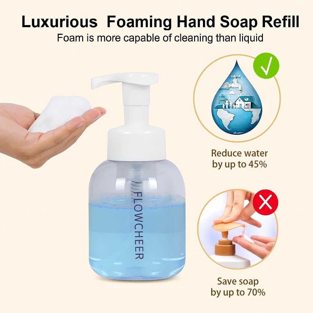 Flowcheer foaming hand soap refill in a clear bottle with pump. Eco-friendly, luxurious soap reduces water usage.