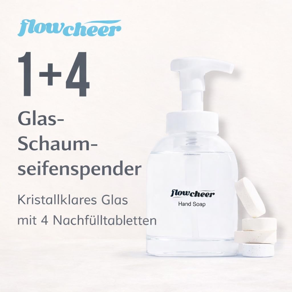 Flowcheer foaming hand soap refill set features a glass dispenser and four refill tablets for easy use.