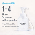Flowcheer foaming hand soap refill set features a glass dispenser and four refill tablets for easy use.
