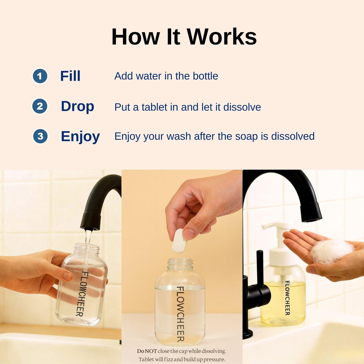 Step-by-step guide for Flowcheer Foaming Hand Soap refill: Fill, drop tablet, and enjoy your wash after dissolving.