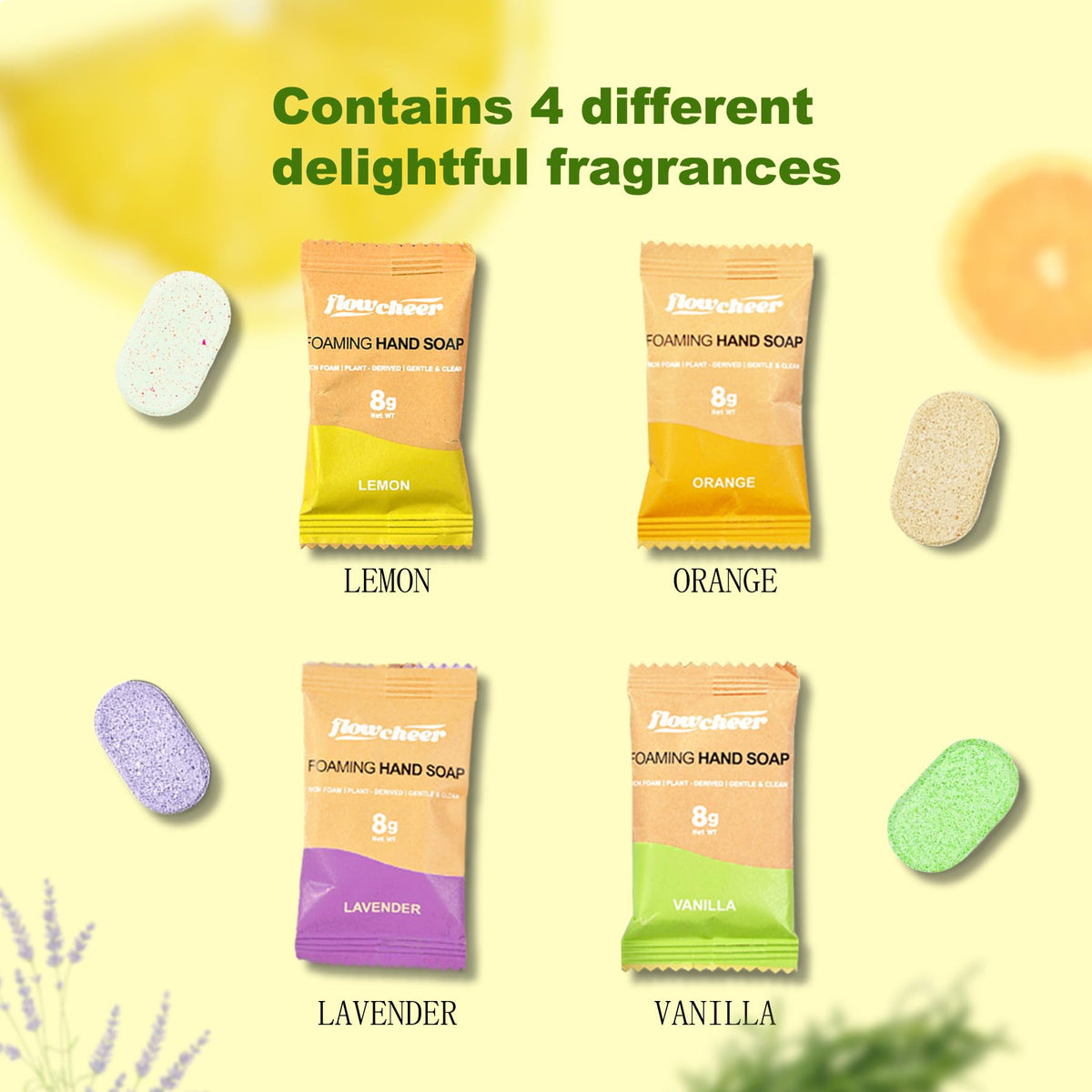 Flowcheer foaming hand soap refill packets in lemon, orange, lavender, and vanilla fragrances. Verified by CuratCart.