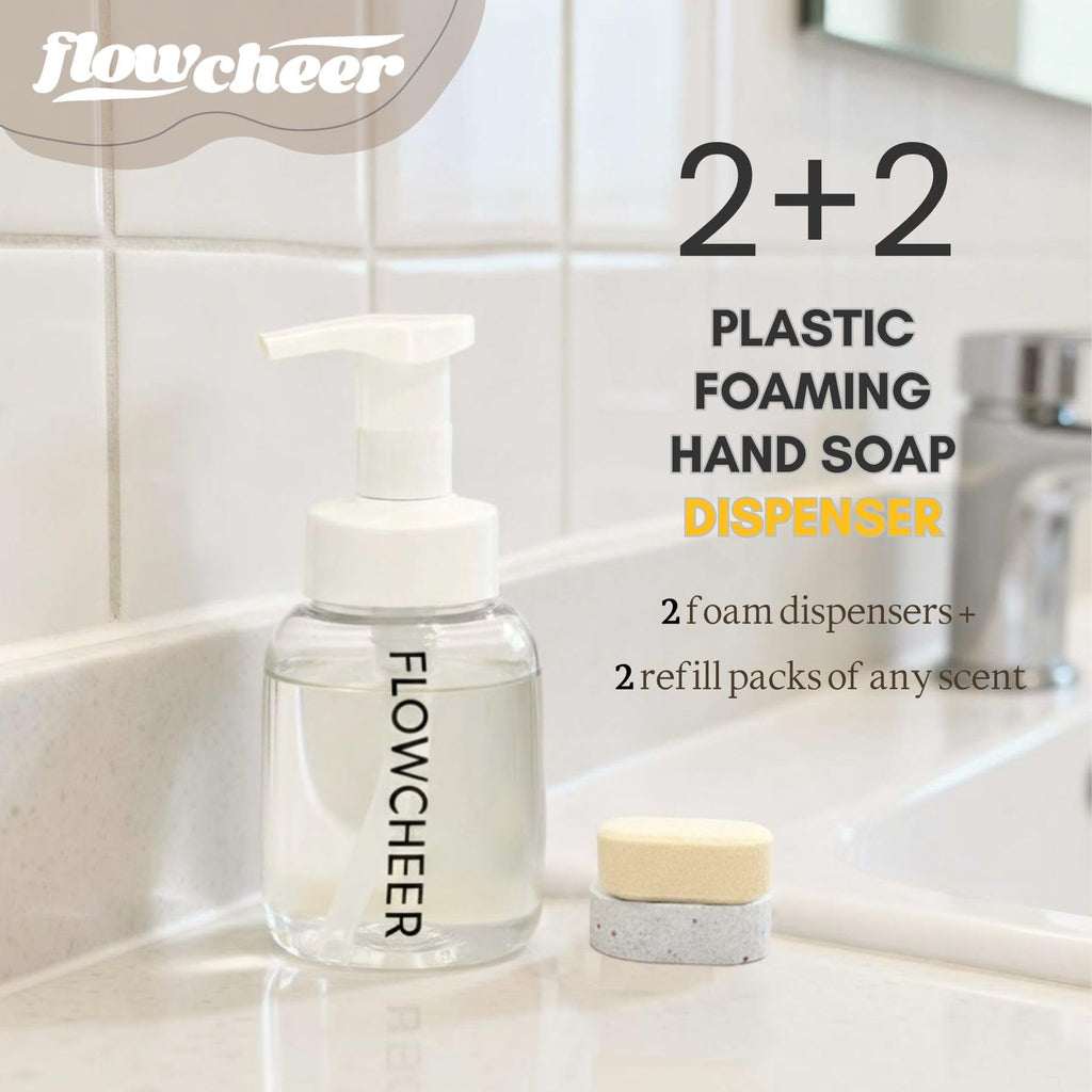 Authentic Flowcheer foaming hand soap refill set includes 2 dispensers and 2 refill packs. Perfect for any scent!
