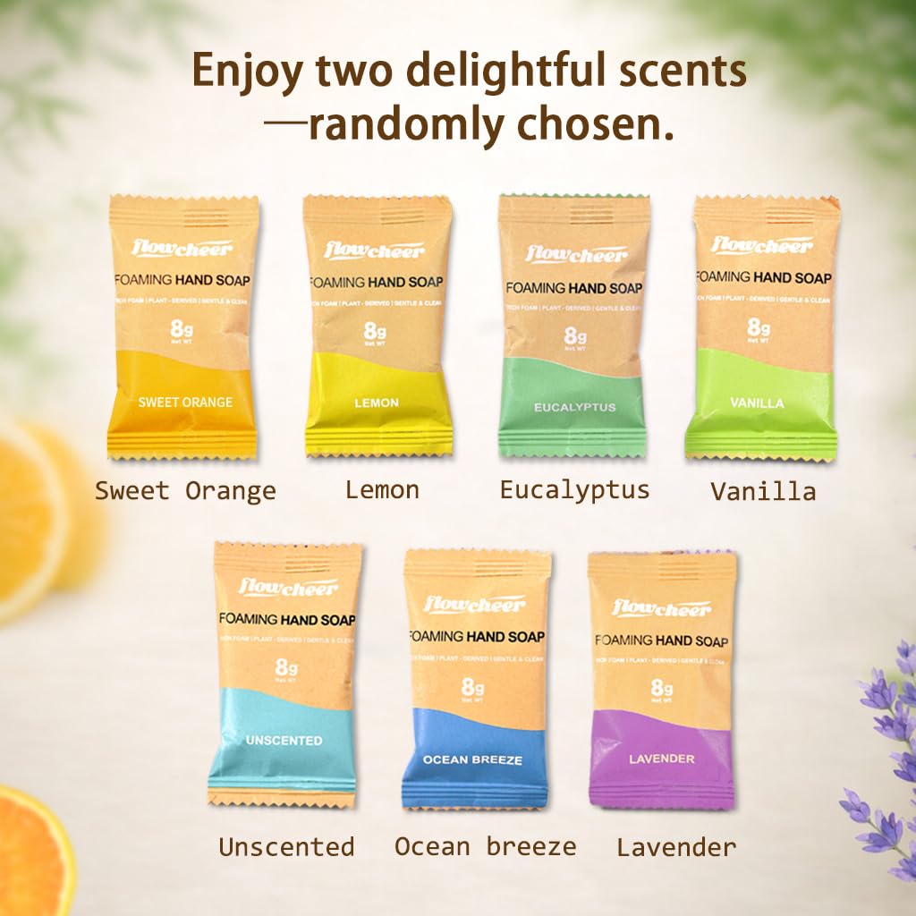 Flowcheer Foaming Hand Soap refill pack featuring 8 scents. Available online, order now for delightful cleaning options.